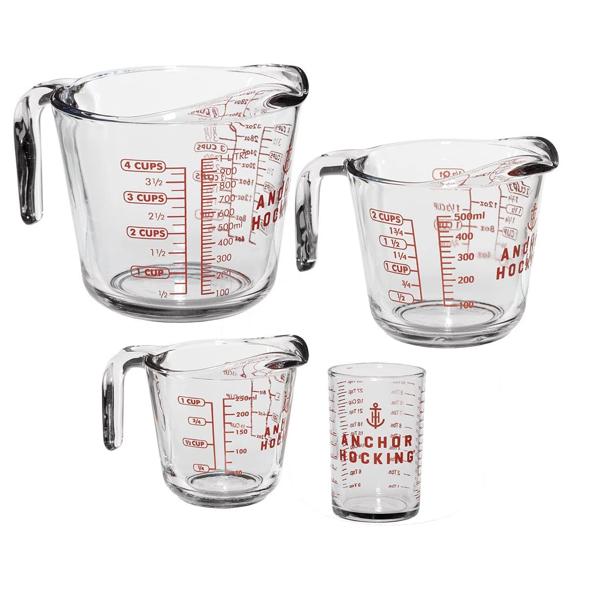 Anchor Hocking Glass Measuring Cups, 4 Piece Set - 5 oz, 1-Cup, 2-Cup, 4-Cup