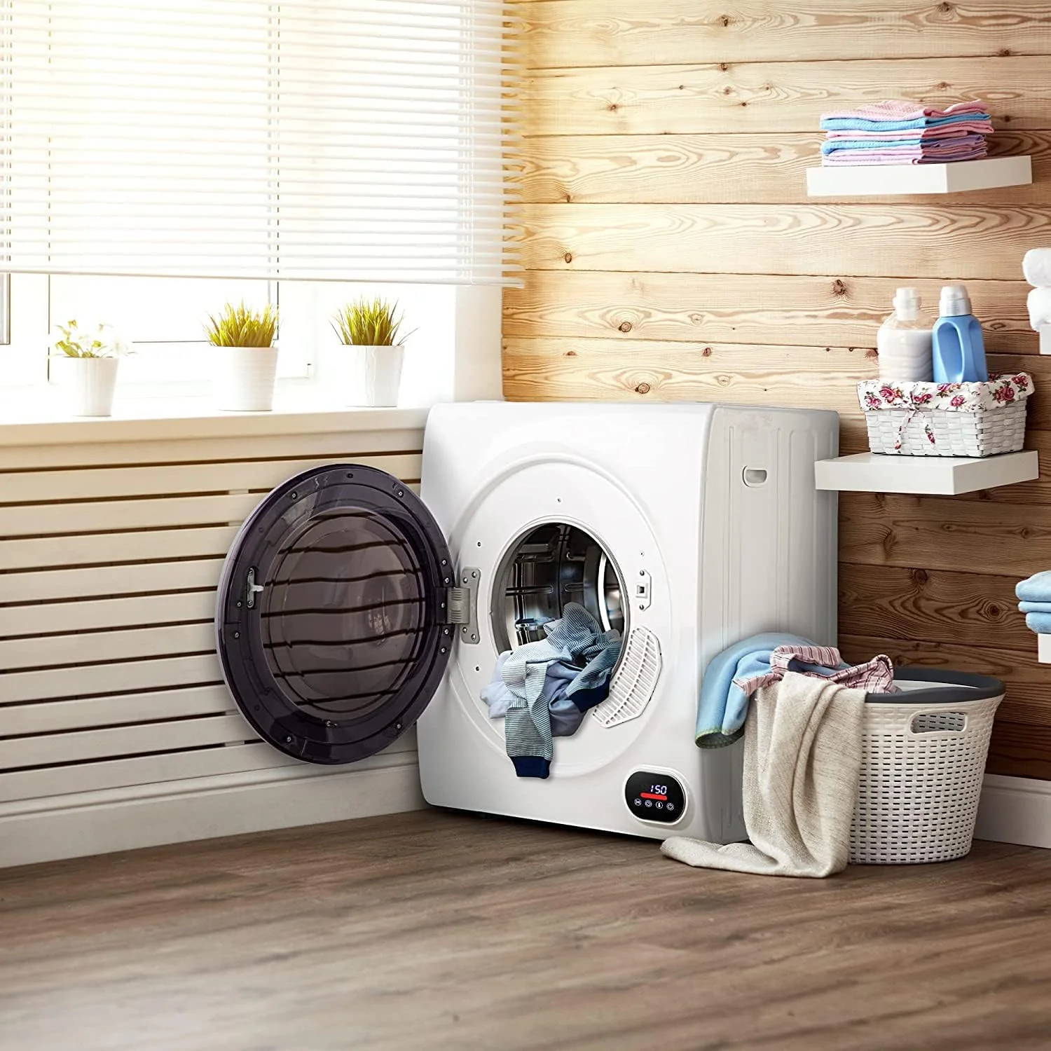 Sèche-linge compact, 3,5 pi³, chargement frontal, acier inoxydable, avec tuyau d'évacuation, 1500 W, panneau de commande LCD, 4 fonctions, portable, pour appartements, maisons, résidences étudiantes, blanc