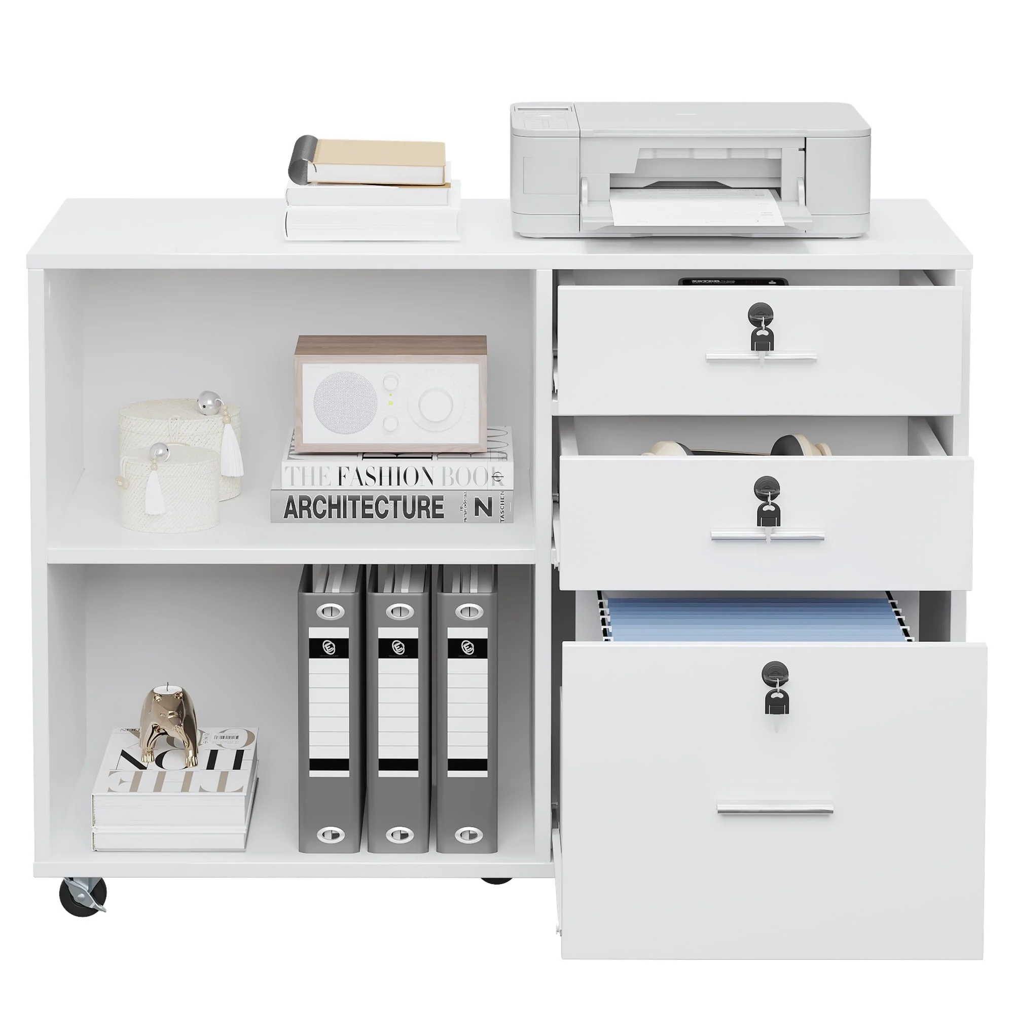 3 Drawer Wood Lateral Filing Cabinet with Locks, Printer Stand Storage File Cabinet with Shelves for Home Office, White(Black) Image 7
