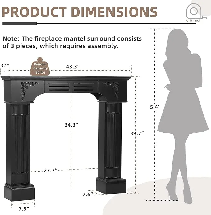 43.3" Fireplace Mantel, Freestanding Fireplace Surround with Leg for Electric Fireplaces, MDF Mantel Surround with Shelf for Living Room with Decorative Pattern, Anti-Tipping Waterproof - Image 6
