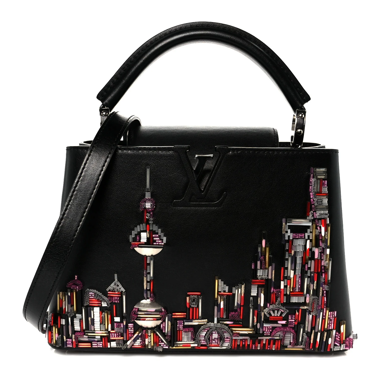 Calfskin Karung Beaded Shanghai Skyline Capucines BB Black