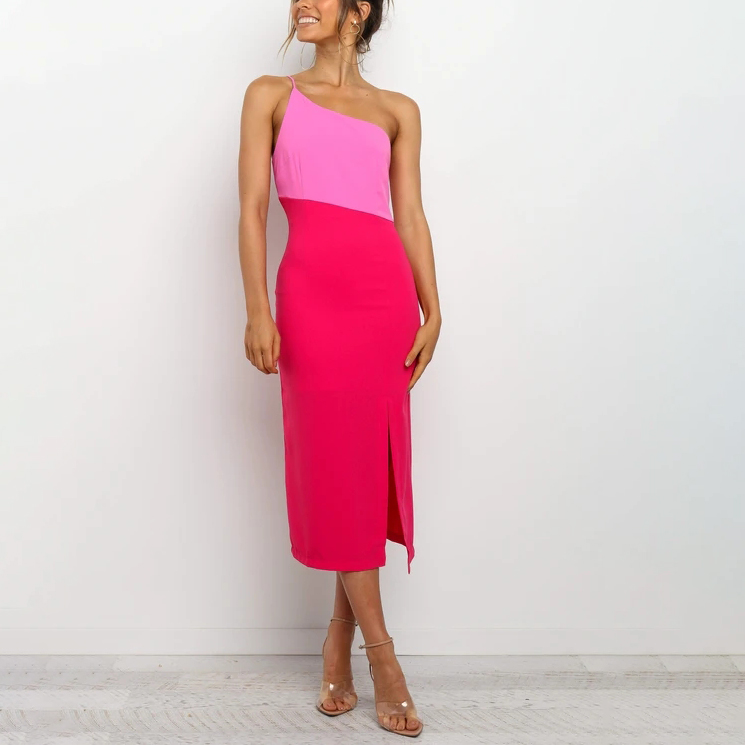 Robe sexy asymétrique à bretelles et couleur contrastée