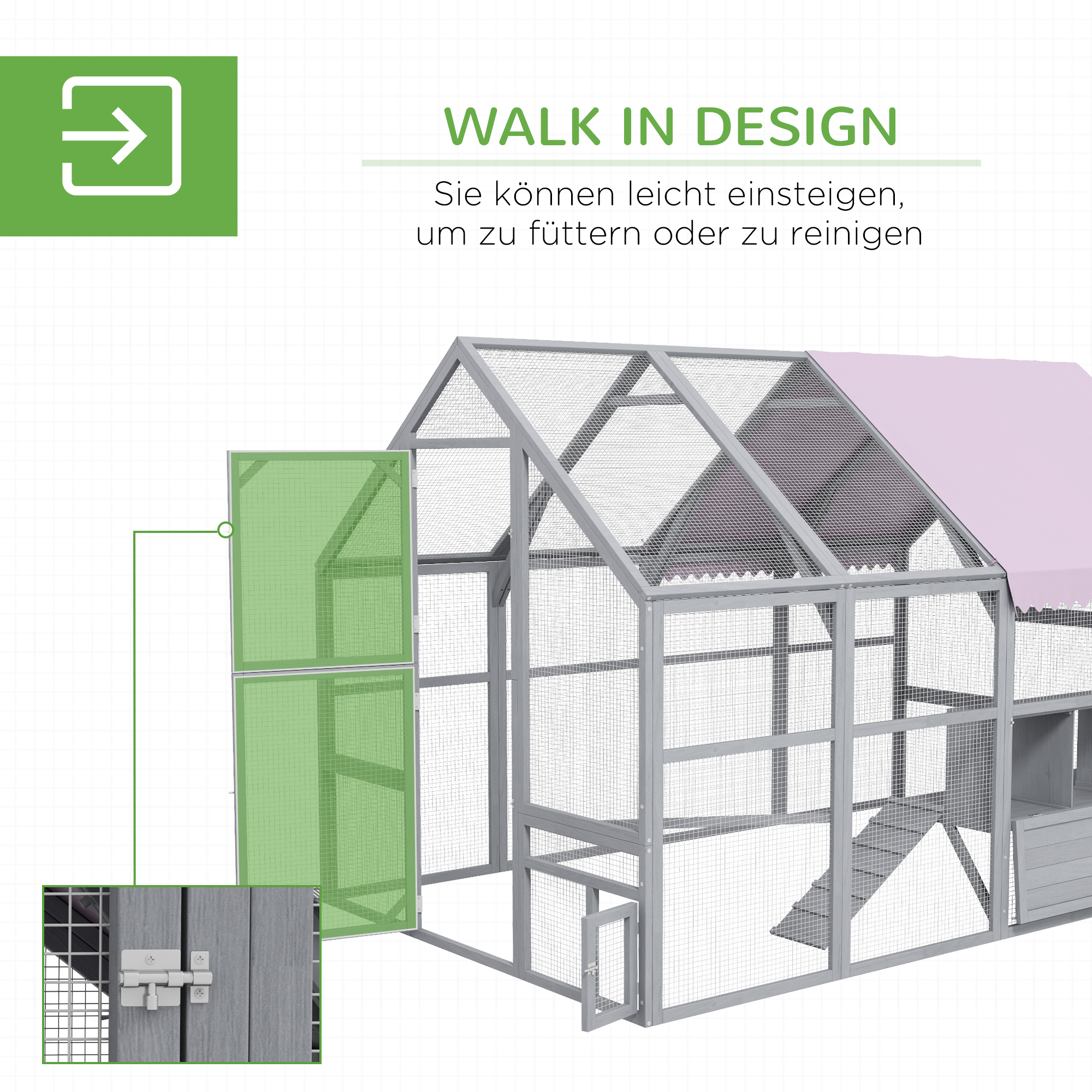 PawHut Kippenren Kippenhok Kippenhuis, toegankelijk, weerbestendig, 280 x 185,5 x 188 cm, Grijs