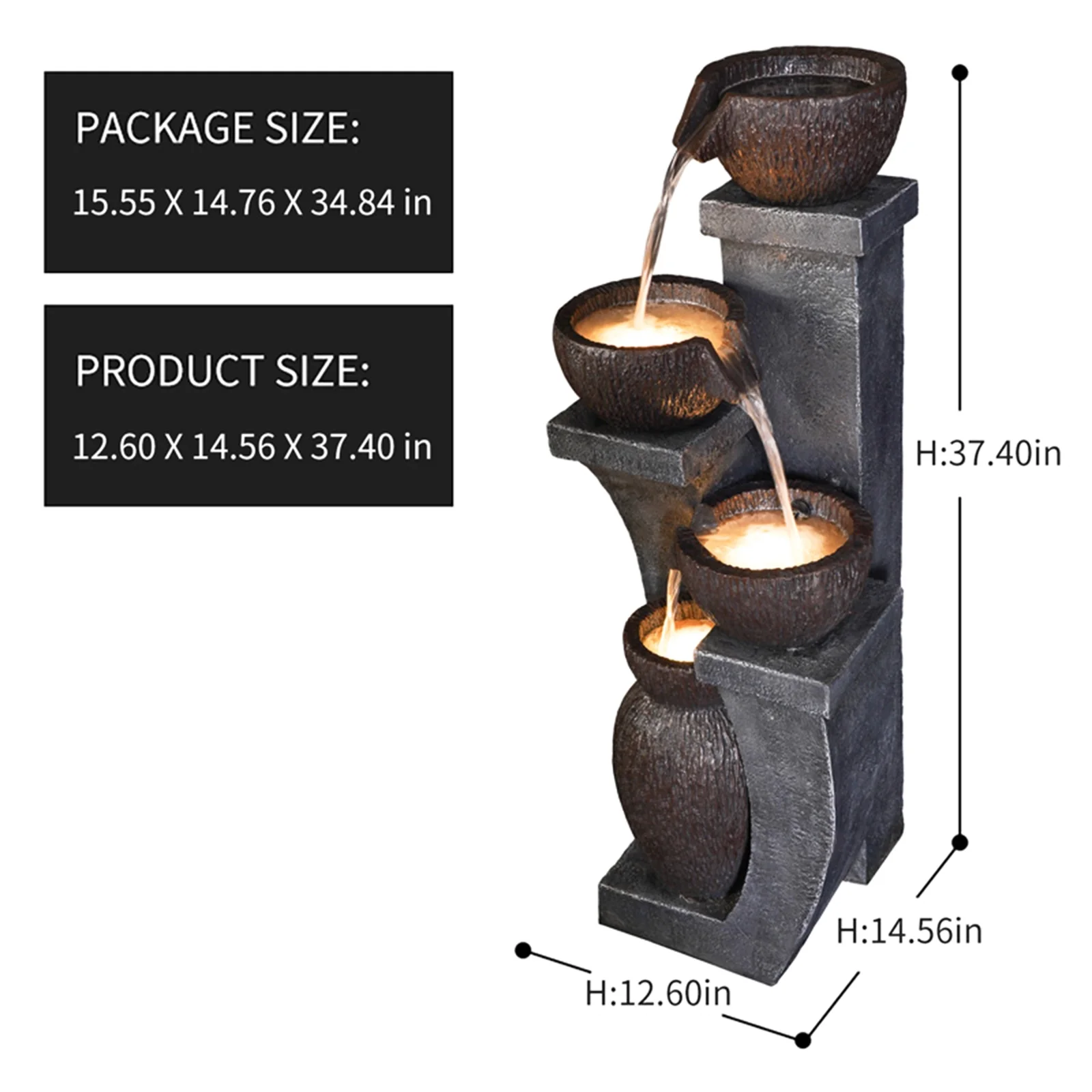 Outdoor Water Garden Fountain 37.40����H Waterfall Small Fountains Cascading Bowl and Jar Water Feature with LED Light for Backyard Patio Porch and Home Art Decor - Image 6