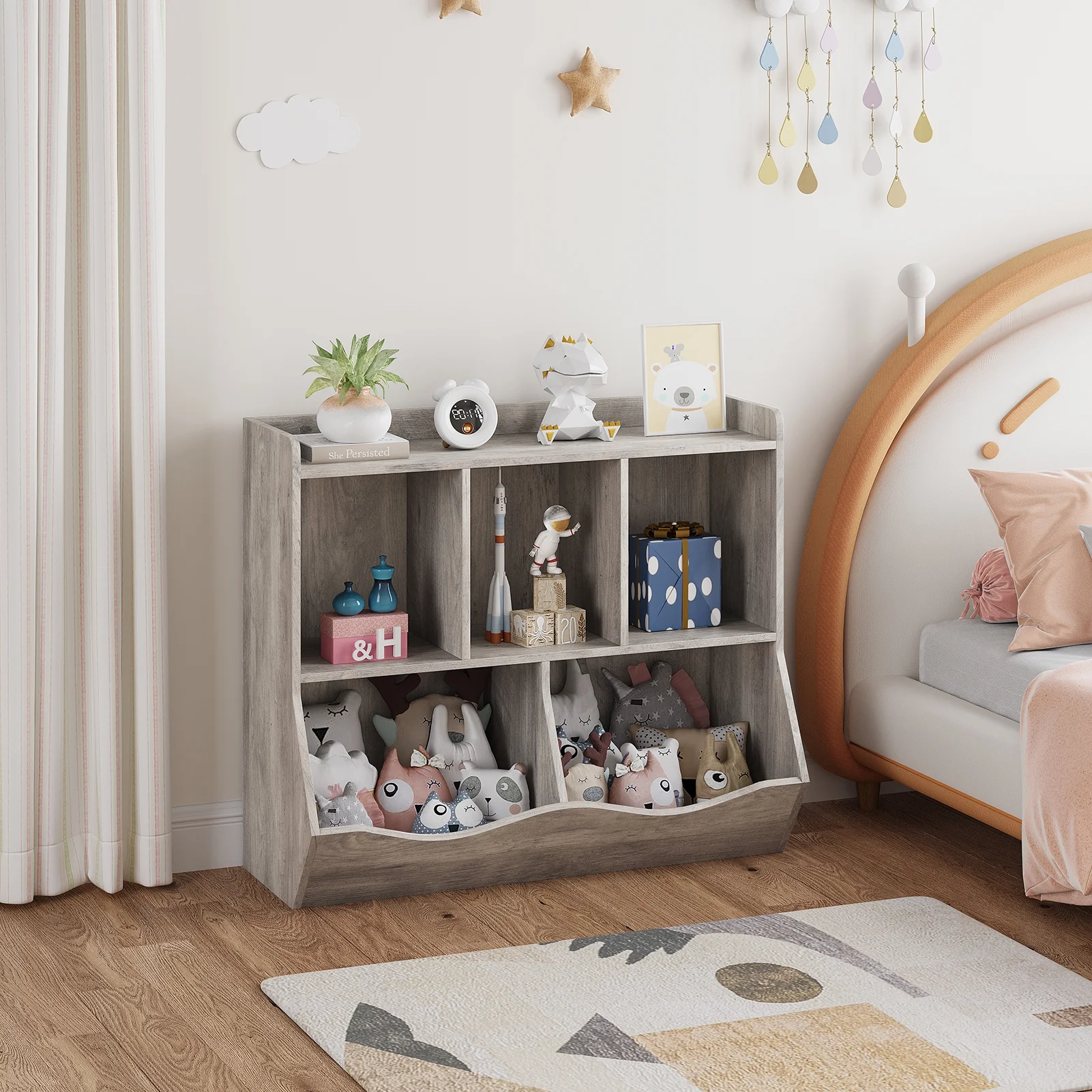 Kids Bookshelf and Bookcase Toy Storage Multi Shelf with Cubby Organizer Cabinet for Boys Girls,for Children Playroom Hallway Kindergarten School (White)(grey) - Image 5