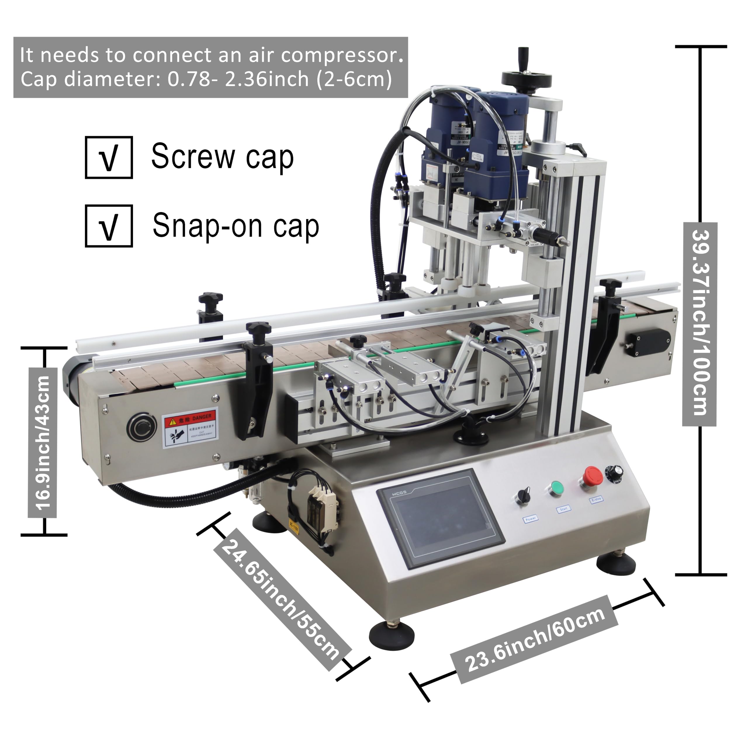 Automatic Bottle Screw & Snap-on Capping Machine Sealer for Screw & Snap-on Caps with Chain-plate Conveyor Bottle height 1.97-7.48inch Cap Diameter 0.78-2.36inch 110v