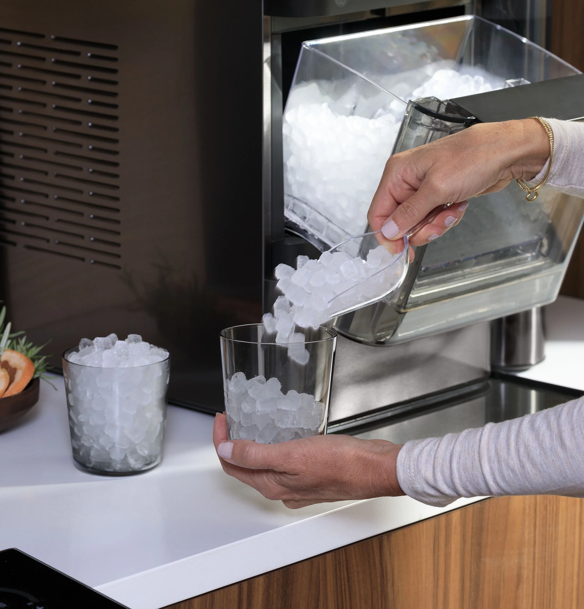 GE Appliances 38 lb Capacity Built - in Ice Maker, Black Stainless Steel