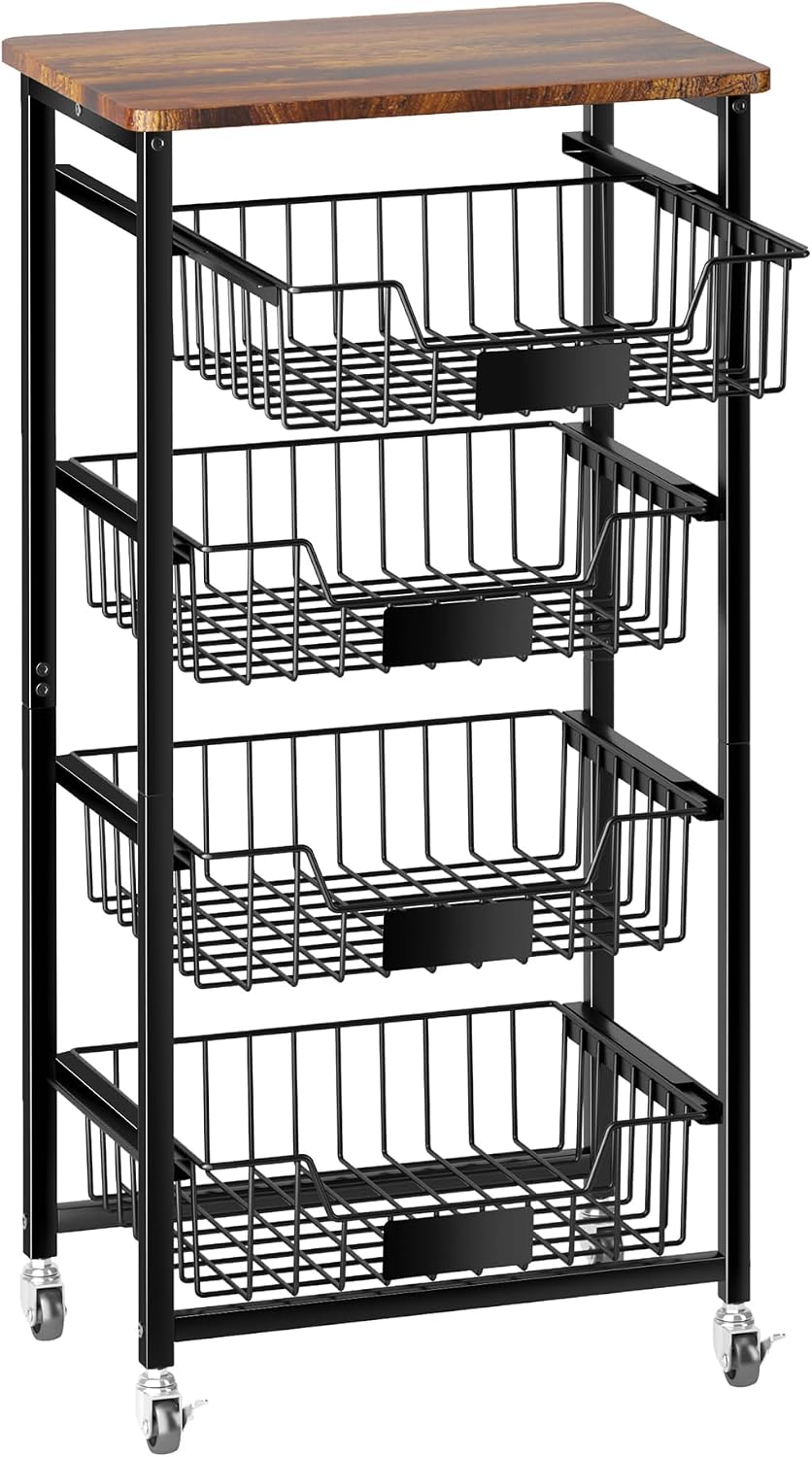 OKZEST 5-Tier Kitchen Storage Cart with 4 Upgraded Drawer Baskets & Wooden Top