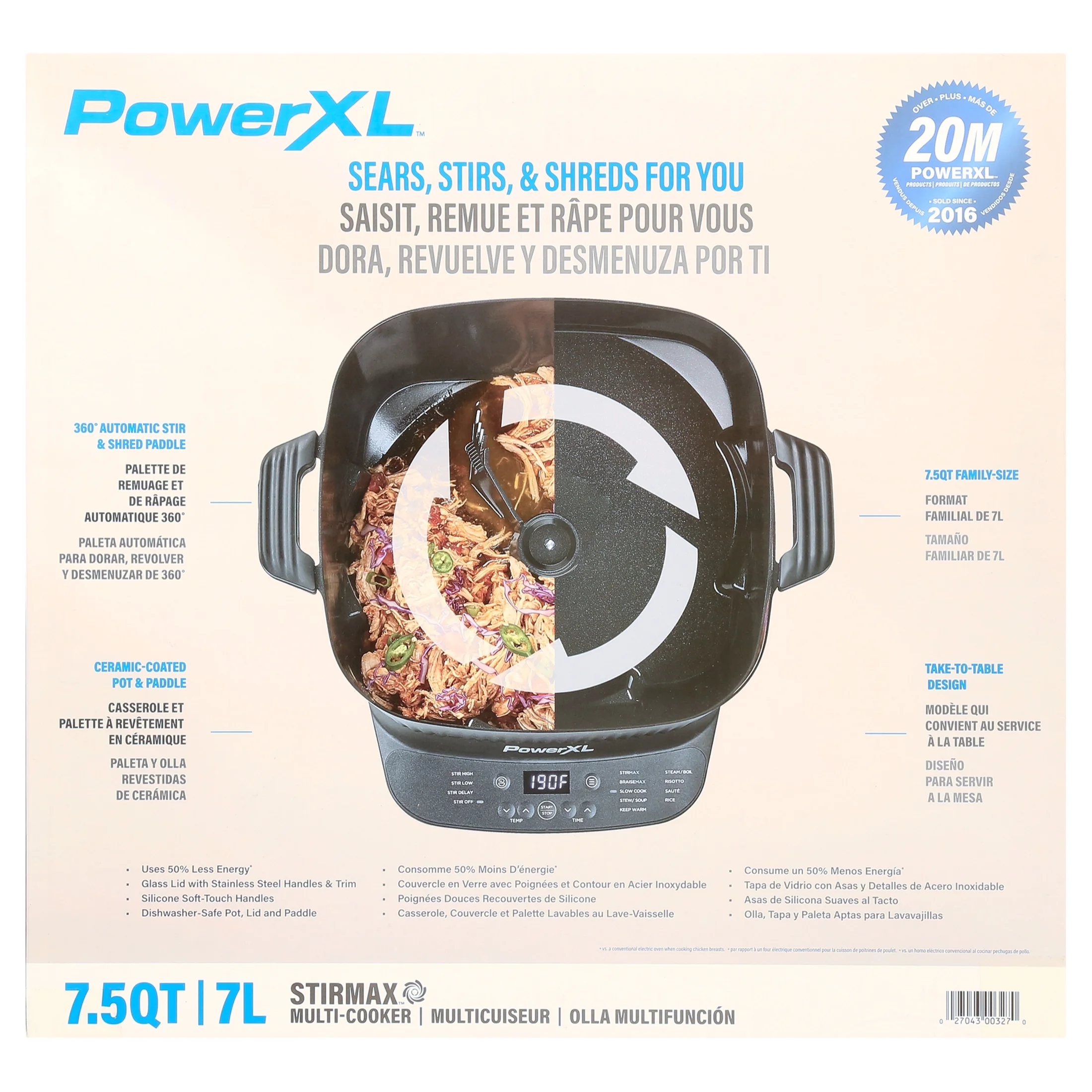 Power XL Stirmax 7.5 Qt Multi - Cooker with Auto Stir/Shred Paddle and 9 Presets, Matte Black