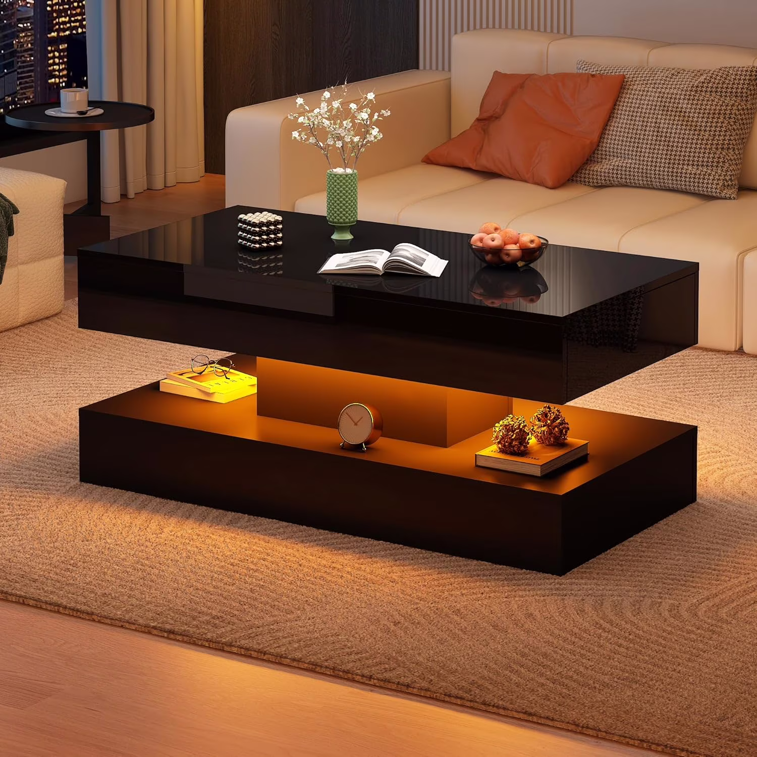 Large Black LED Coffee Table with 2 Storage Drawers, Modern High Gloss Coffee Table w/20 Colors LED Lights/APP Control, 2 Tiers Rectangle Large Living Room Furniture w/Marbling Print(47.3")(Black Marbling Print) - Image 7