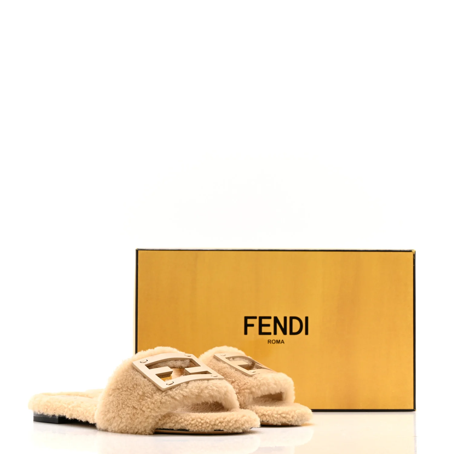 Shearling FF Baguette Slide Sandals 40 Beige Naturale