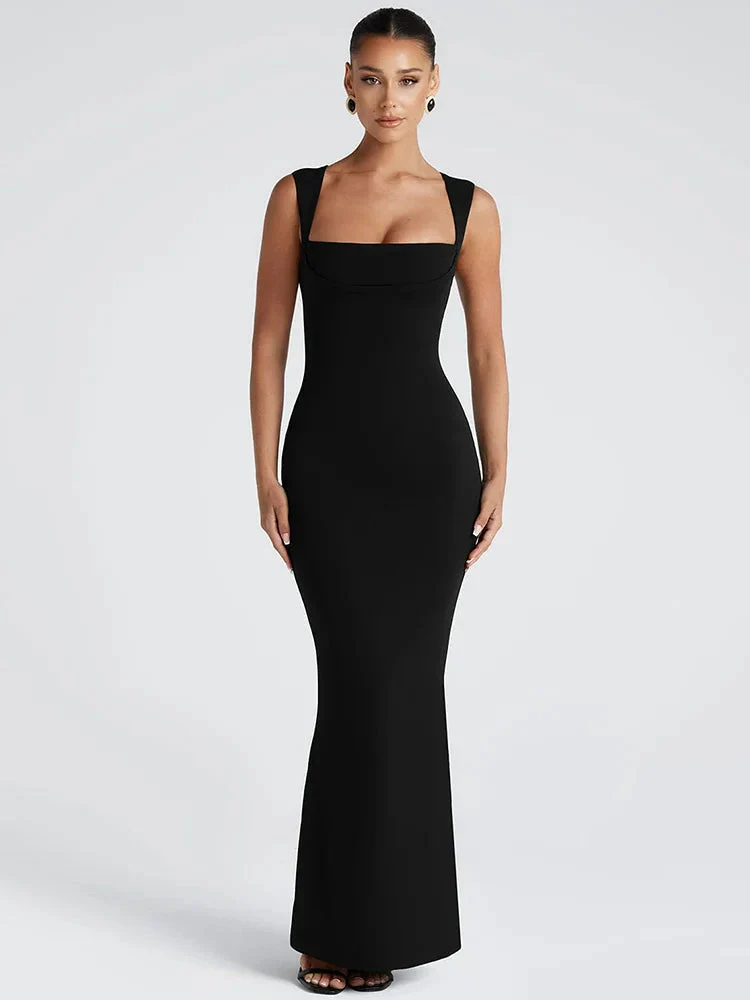 Robe Maxi Moulante Col Carré Robe de Soirée Sculptante