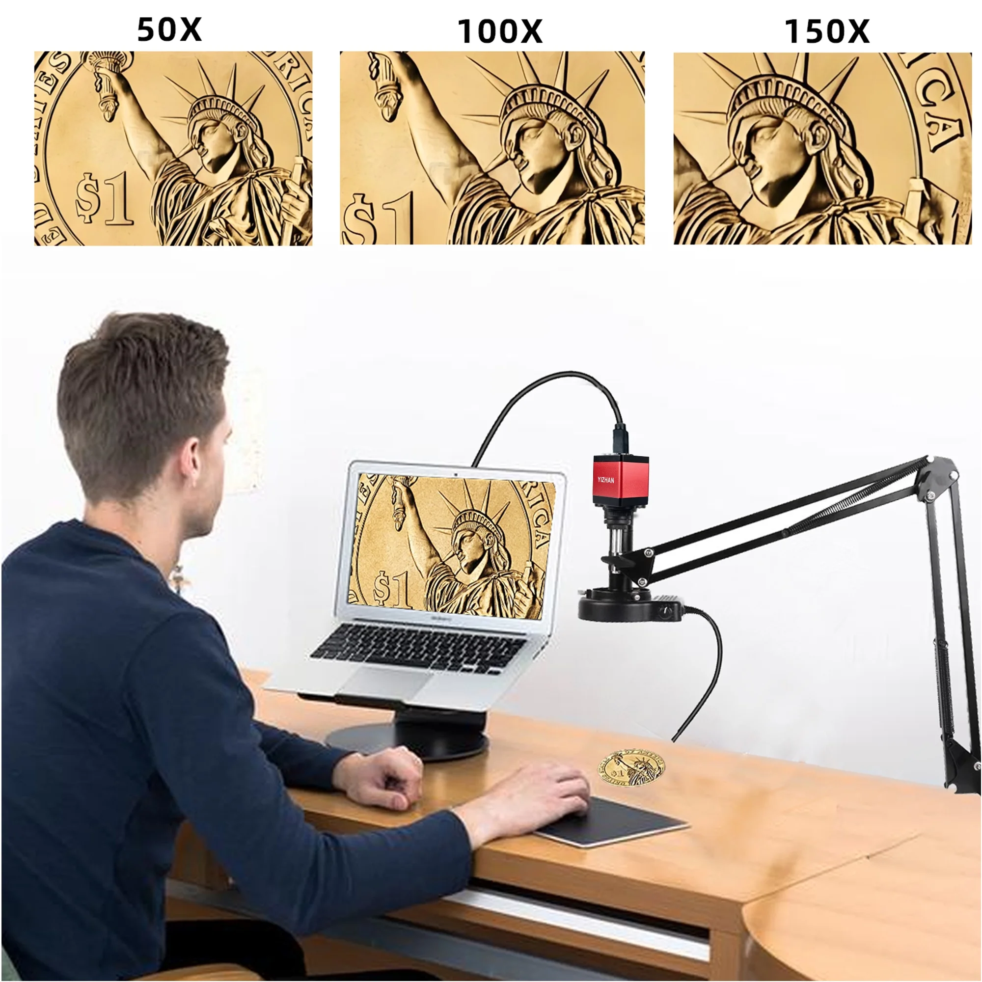 Digital Microscope for Adult 13MP 1080P HDMI VGA Industrial Video Microscope with 150X Zoom C-Mount Lens Foldable Stand LED Ring Light for Electronics Inspection, Jewelry and Watch Repair(13MP/HDMI/1080P/VGA) - Image 4