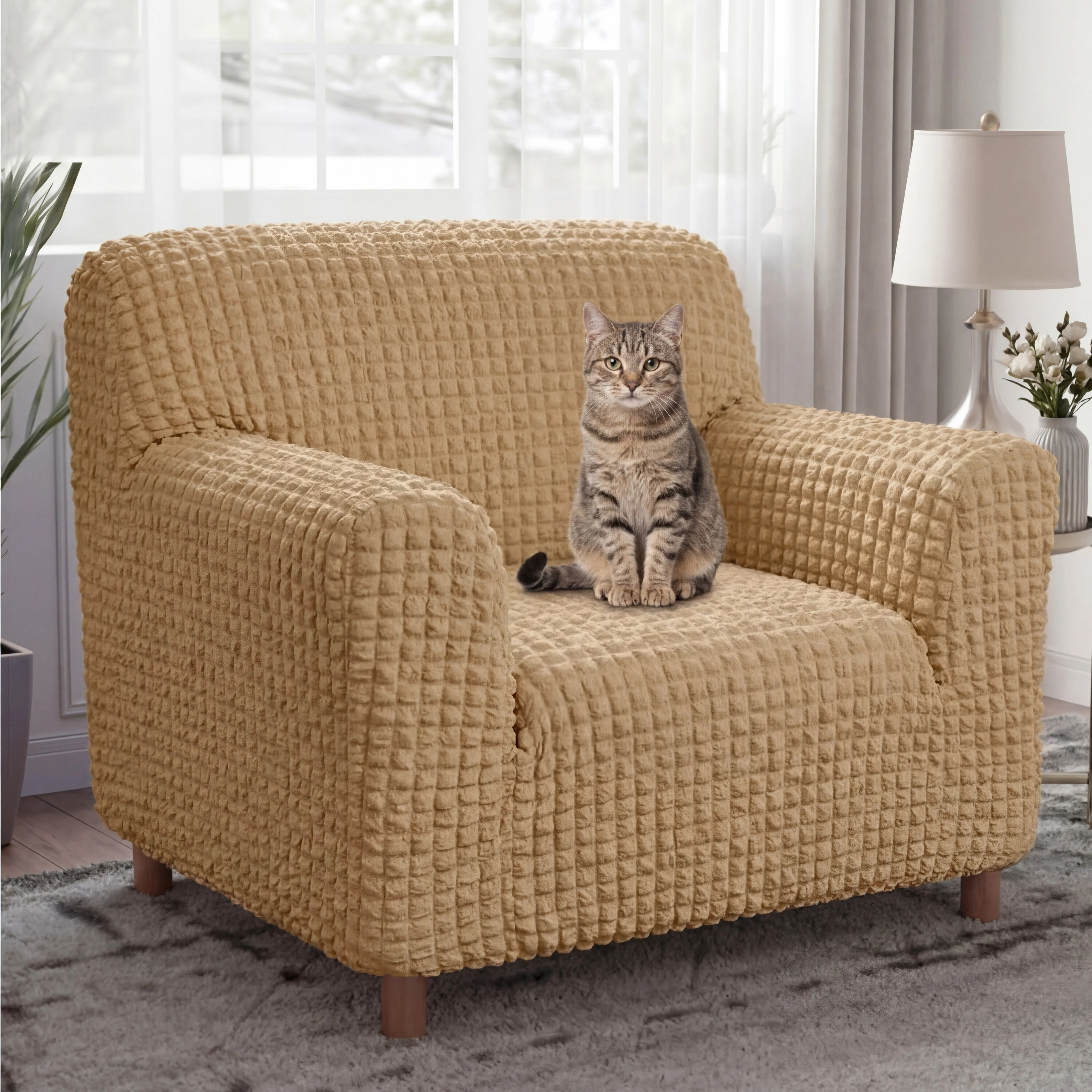 Cream Style Seersucker Breathable Stretchy Full-Coverage Magic Armchair Cover
