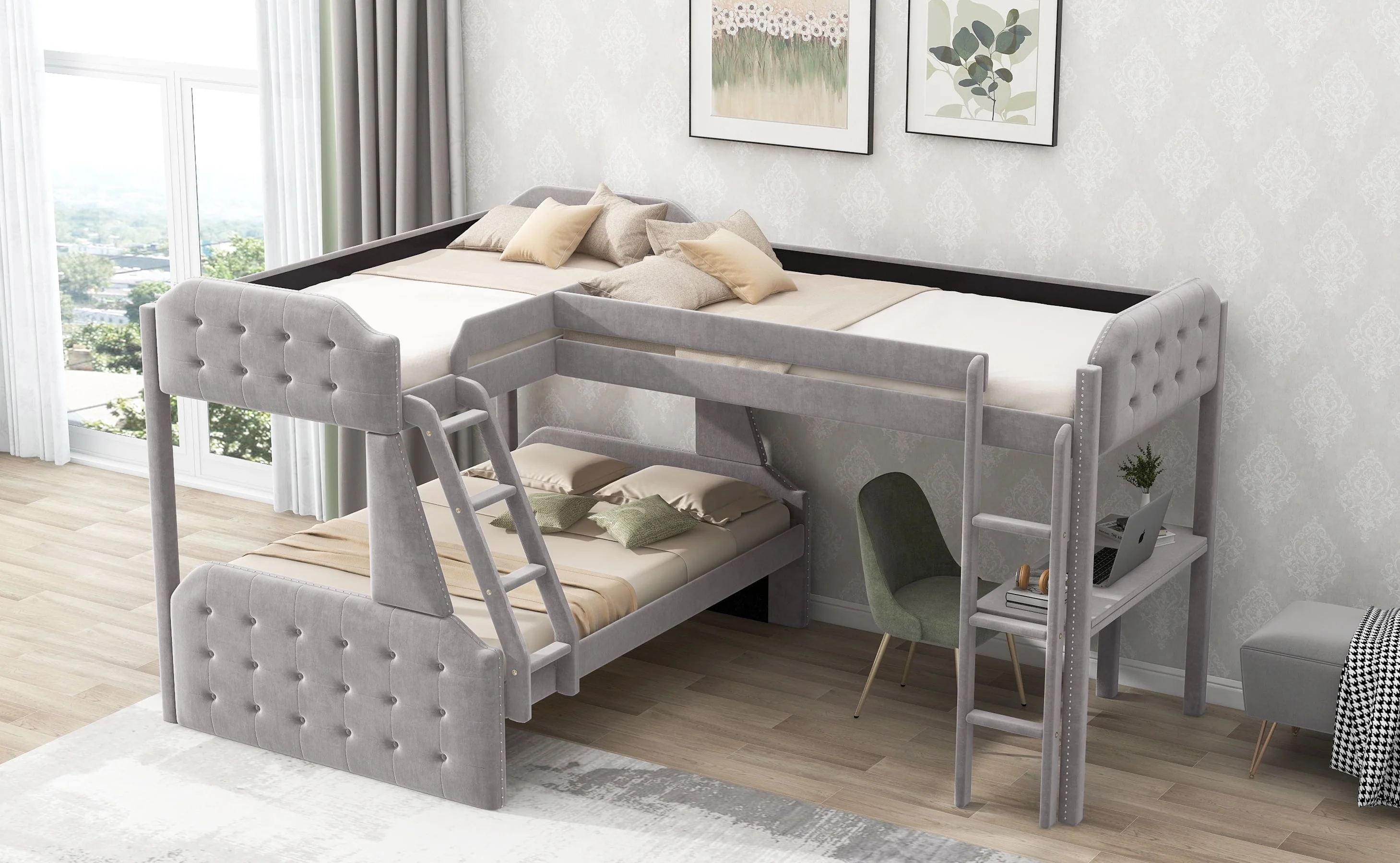 Upholstery L Shaped Twin over Full Bunk Bed and Twin Loft Bed with Desk for Kids Bedroom, Gray Image 4