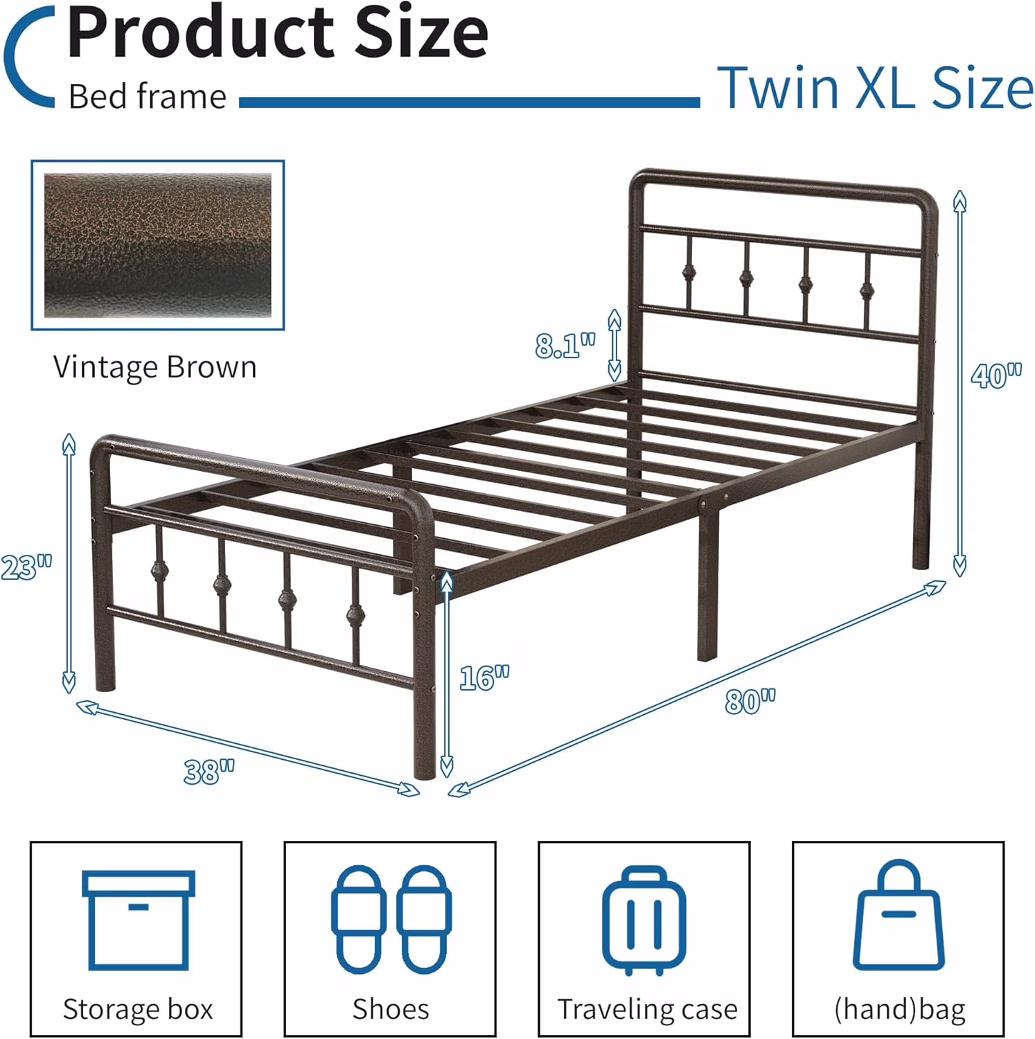 16 Inch Twin XL Bed Frame with Headboard and Footboard, Classic Metal Platform No Box Spring Needed Heavy Duty Victorian Style Iron-Art Mattress Foundation, Under Bed Storage, Brown