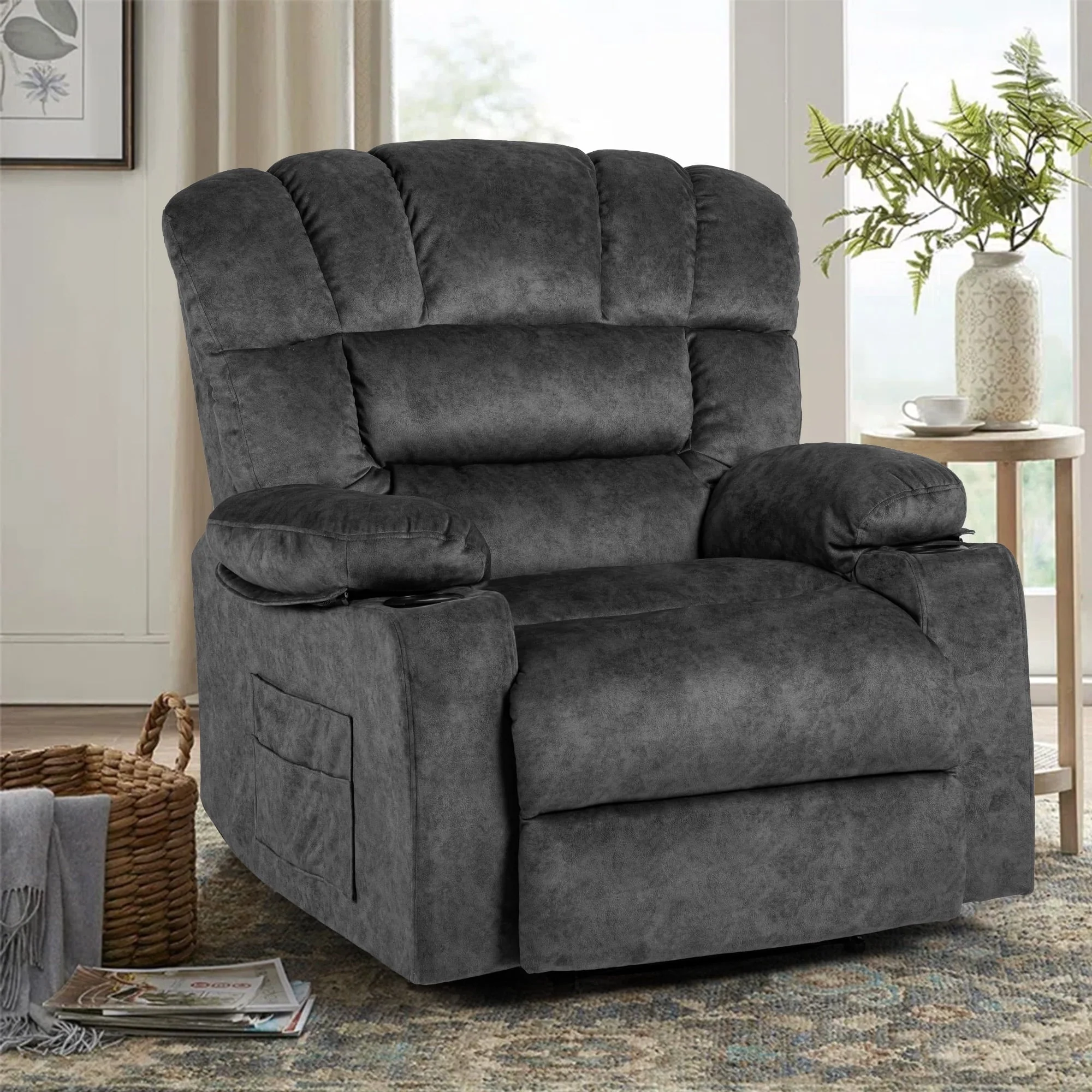 40 9" Wide Super Soft and Oversize Modern Design Velvet Upholstered Manual Recliner Chair with Heating and Massage, Green(Blue) Image 5