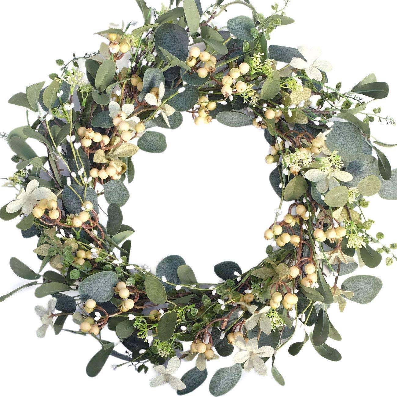 Bibelot Artificial Green Leaf Eucalyptus Wreath,Berry Wreath for Spring,Summer, Front Door Window Hanging Wall Party Decorations (20inch)