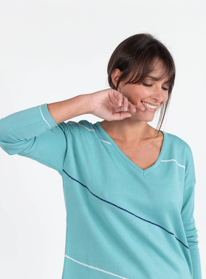 Pull femme col V en coton vert