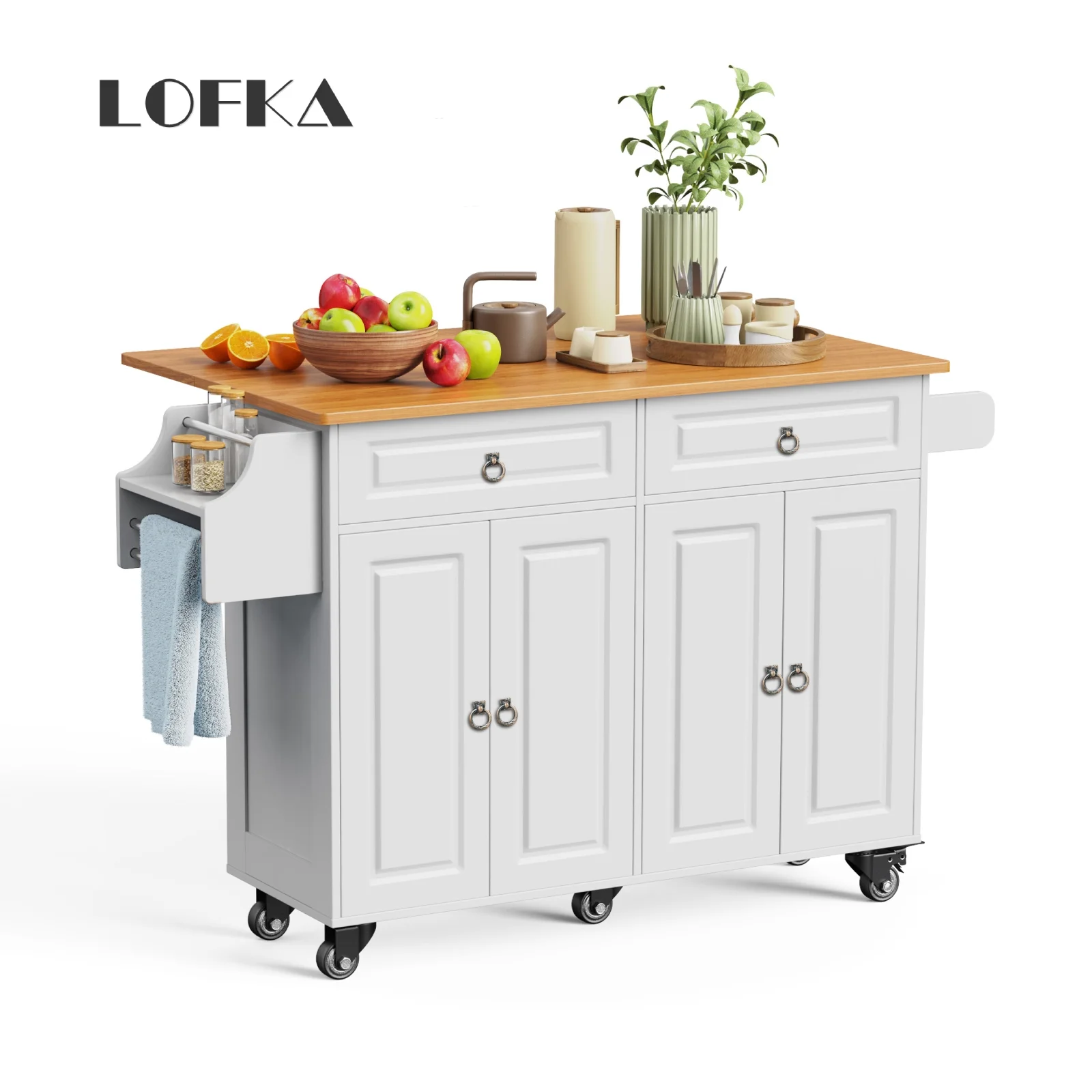52-Inch Kitchen Island with Storage on Wheels with Wood Drop Leaf, Ideal for Small Kitchens(White) - Image 10