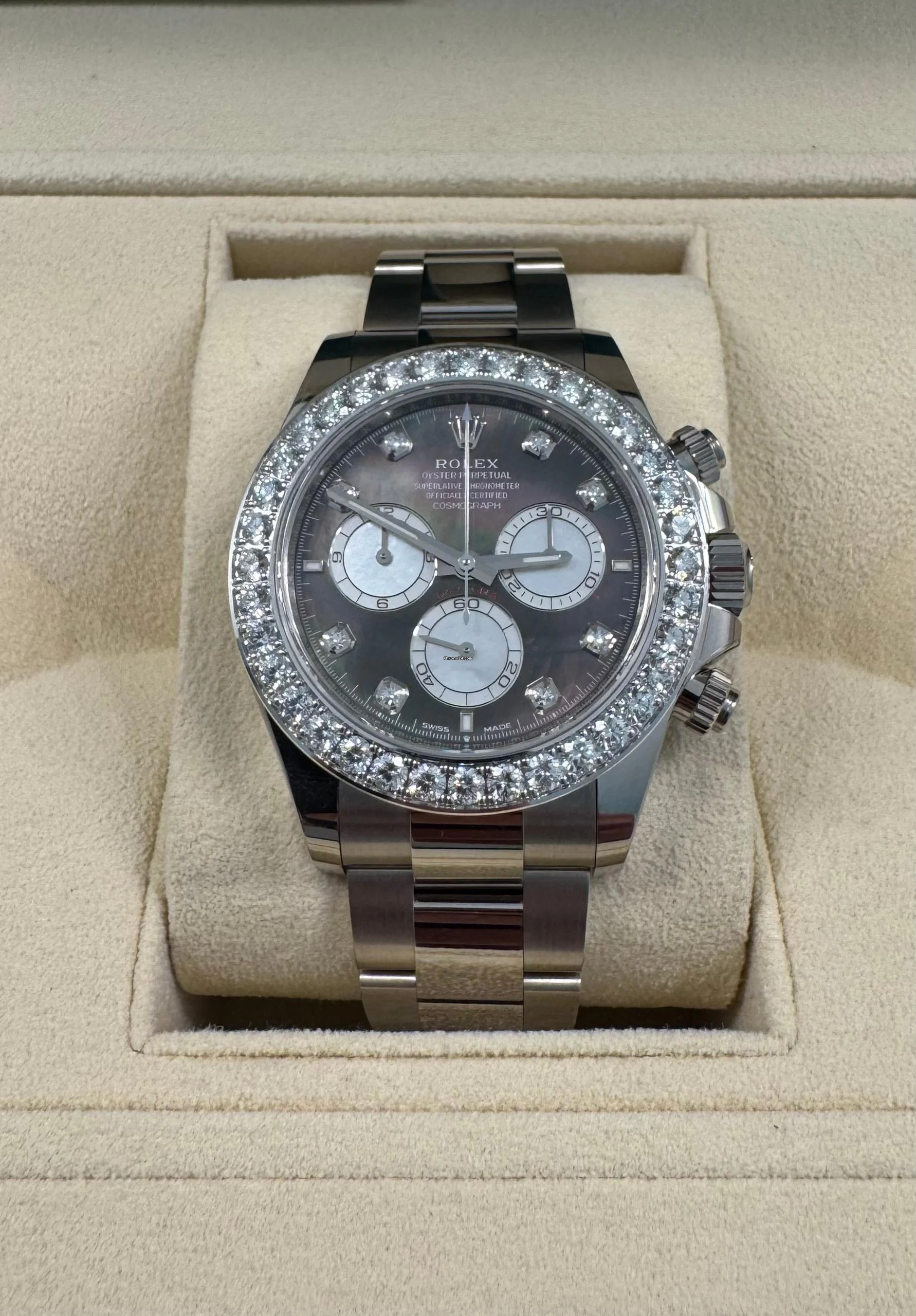 [Super Clone]Rolex Cosmograph Daytona 40mm White Gold Mother of Pearl Dial Diamond Bezel - 126579RBR