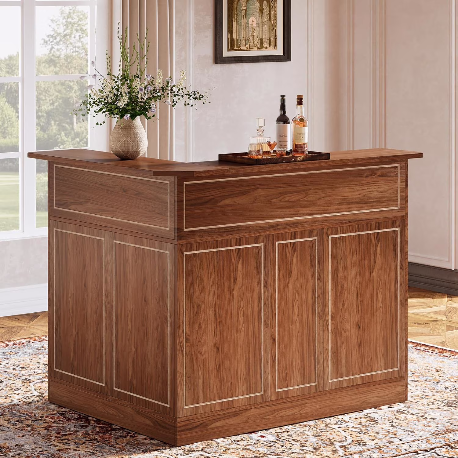 Bar Cabinet, L-Shaped Home Bar Table with Stemware Racks(Black) - Image 7