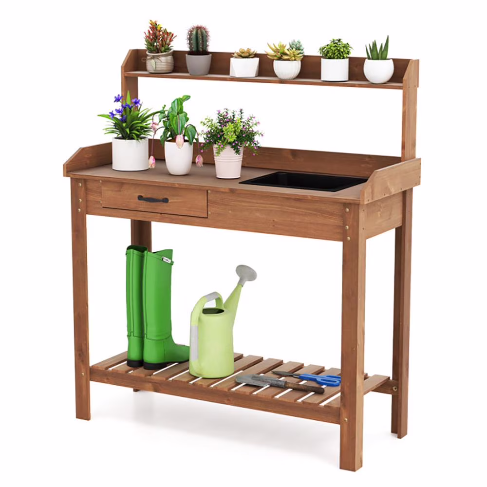 Topcobe Outdoor Wooden Garden Table Work Station with Storage Shelves and Drawer for Patio Backyard Garden - Coffee
