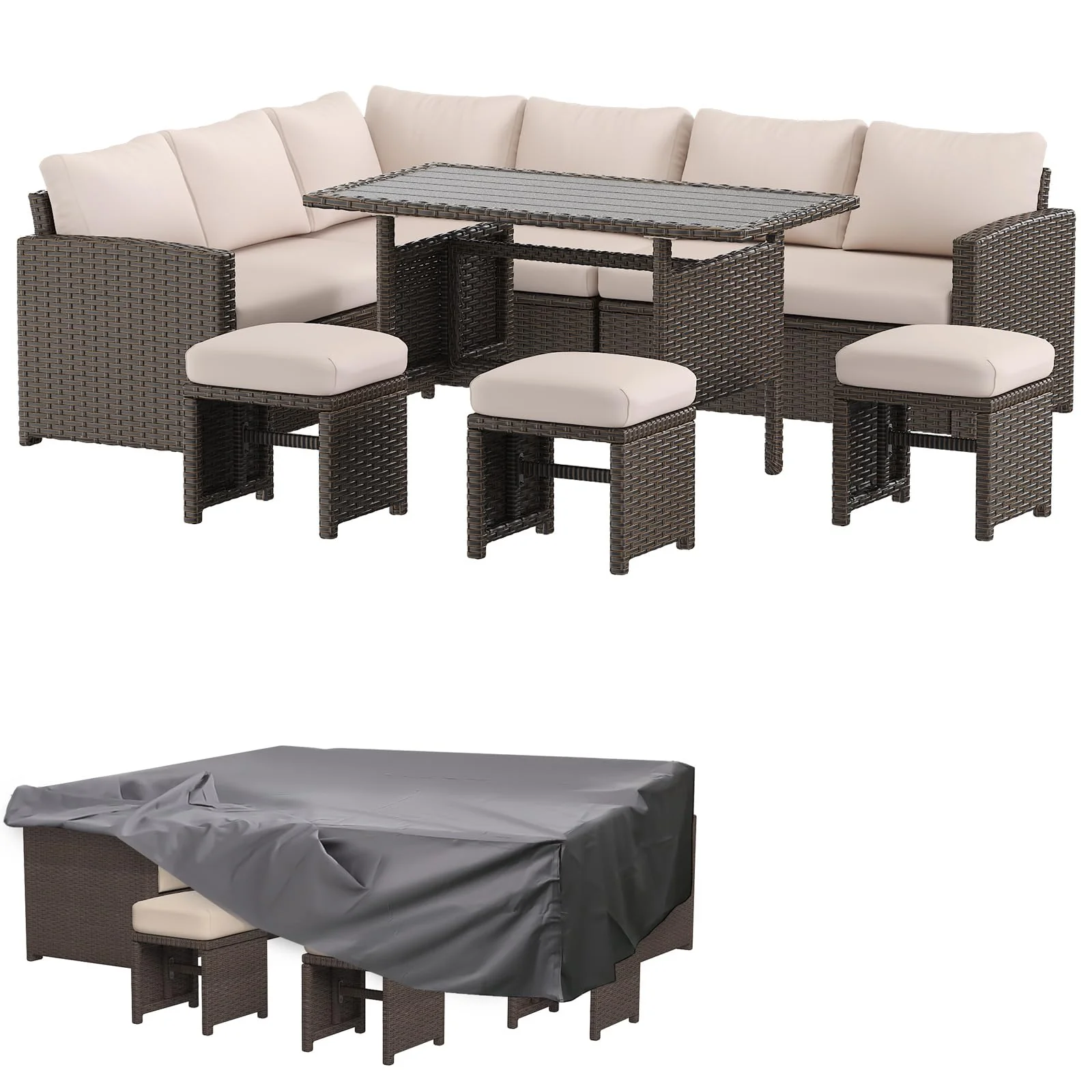 AECOJOY 7 Piece Outdoor PE Rattan Wicker Sofa Set with Waterproof Cover, Khaki