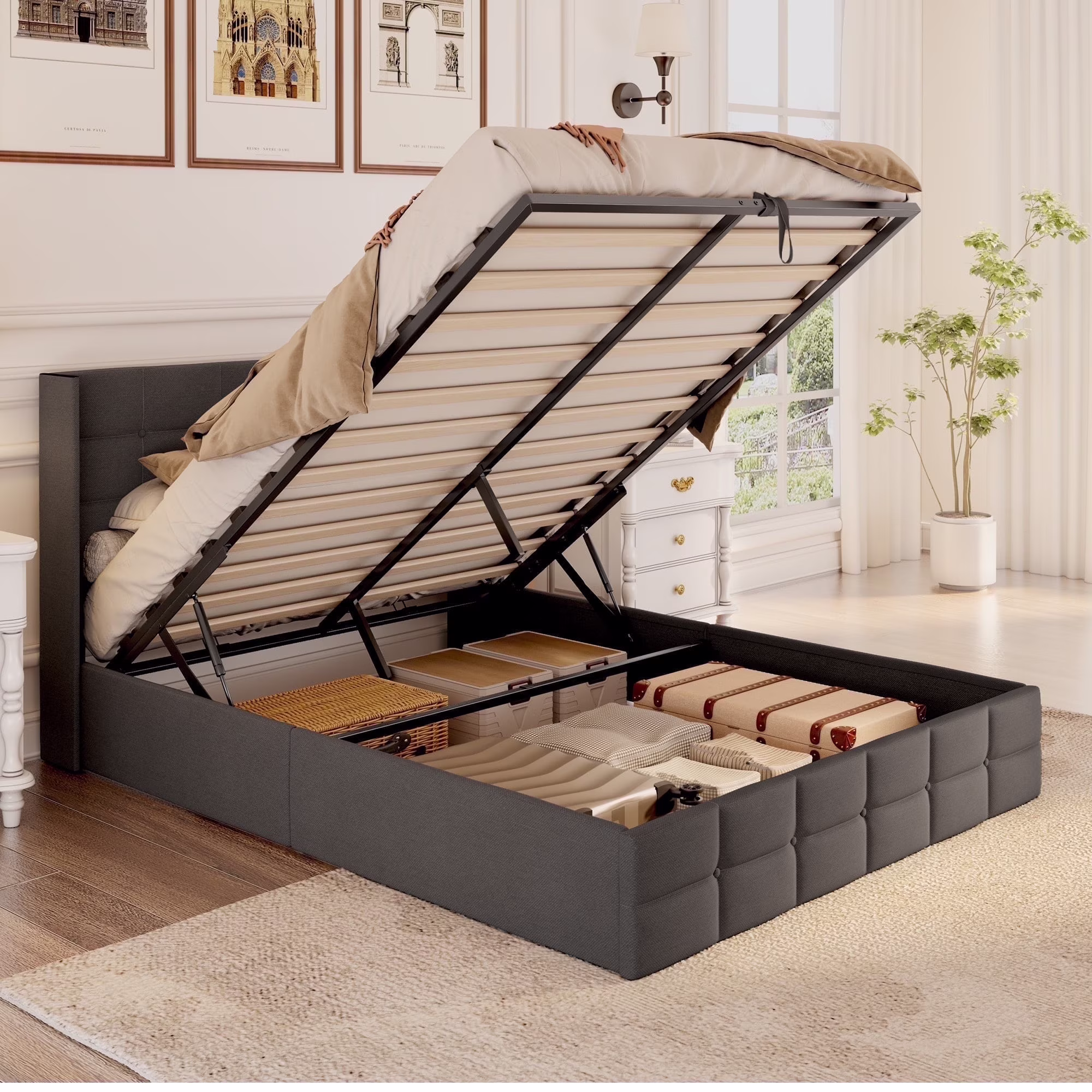 Queen Storage Bed Frame with Hydraulic Lift, Upholstered Headboard Wood Slats, Beige(Queen/Beige) - Image 4