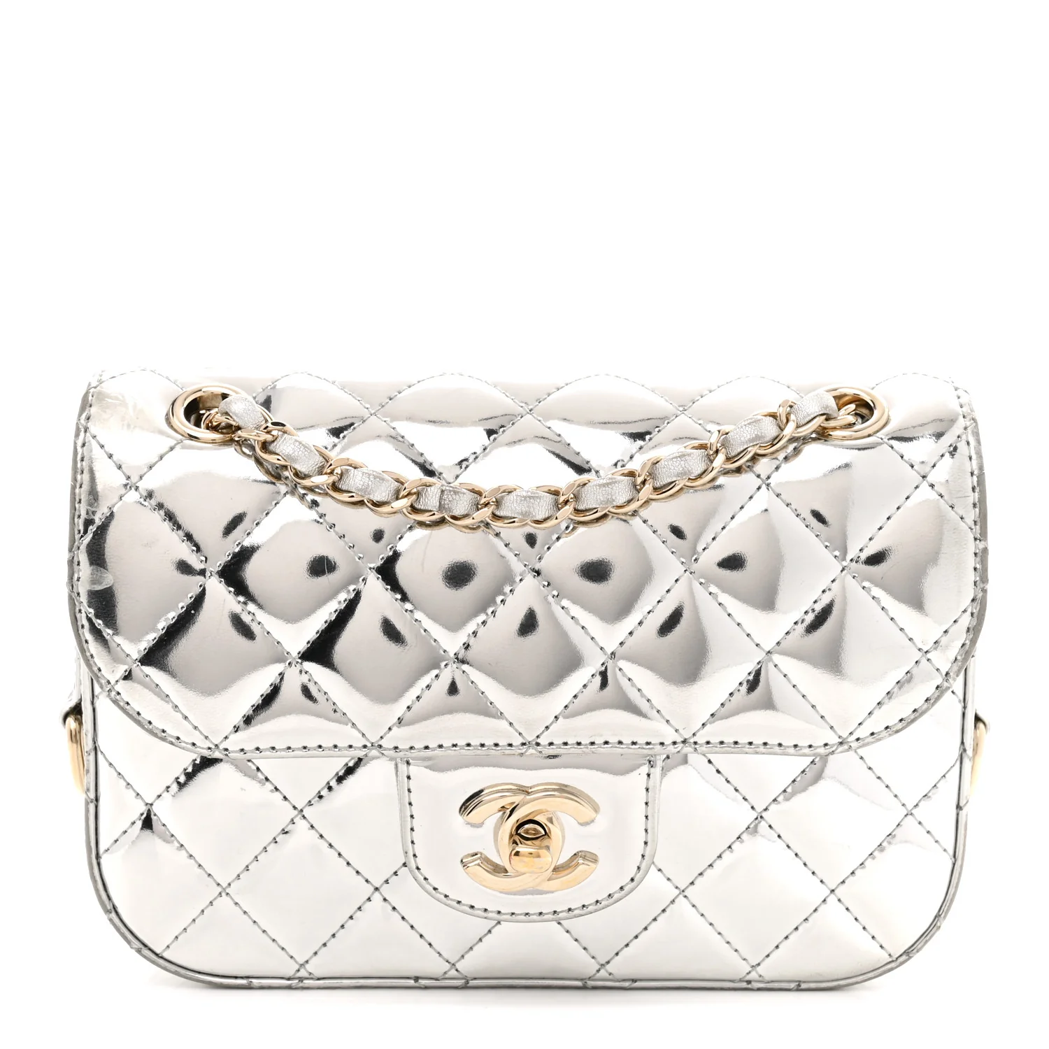 Mirror Calfskin Metallic Calfskin Quilted Hollywood Boulevard Mini Flap With Star Coin Purse Silver