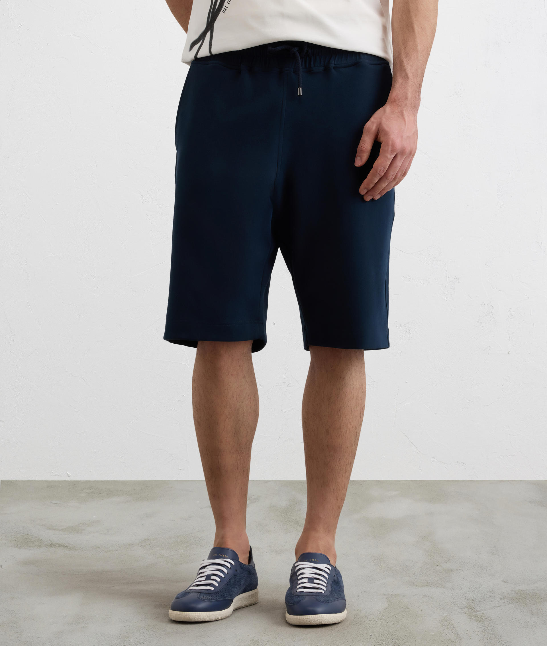NAVY BLUE PEACH EFFECT FLEECE SHORTS WITH TREE EMBROIDERY UNDER BACK POCKET