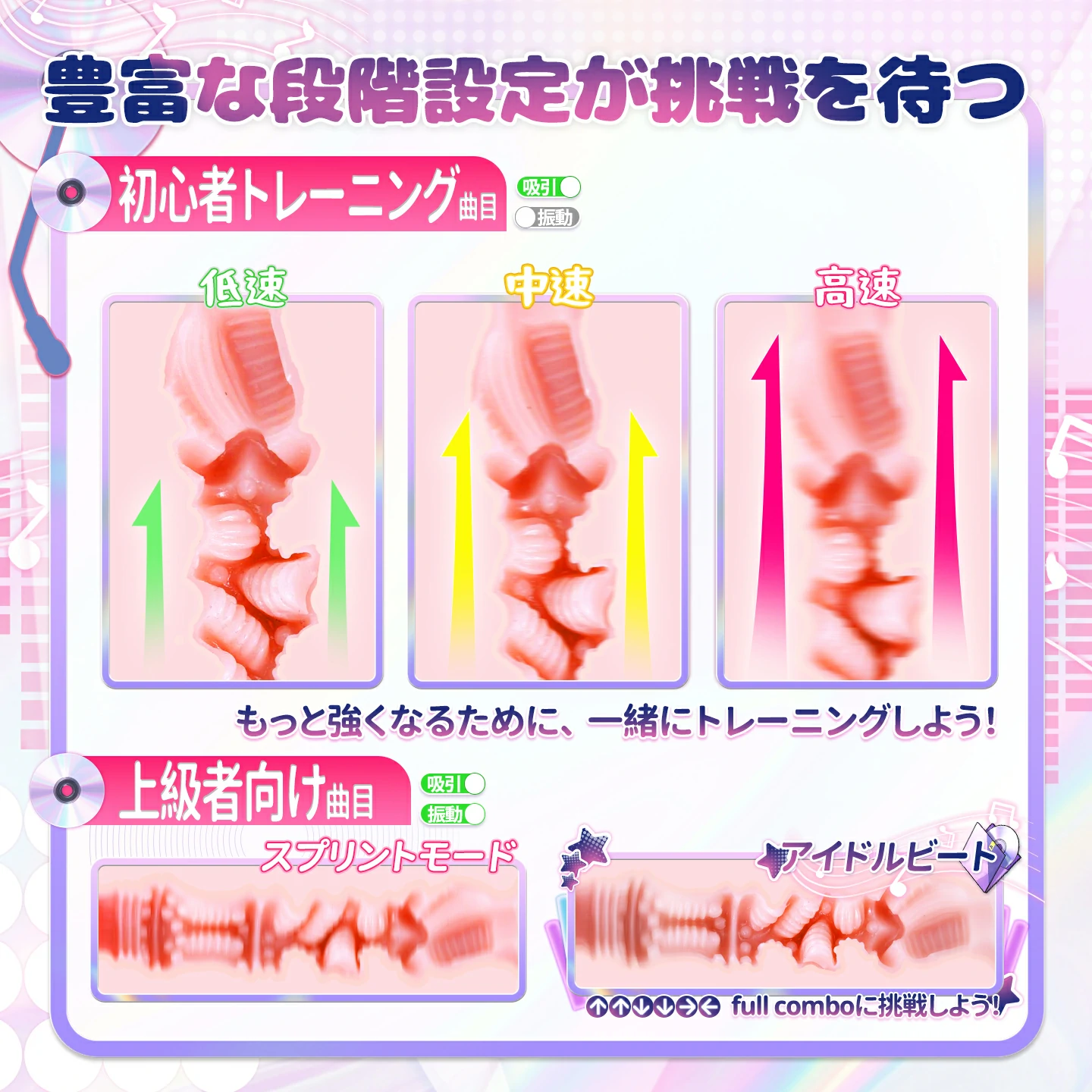 初心者から上級者まで楽しめる、吸引・振動の段階別トレーニングモード