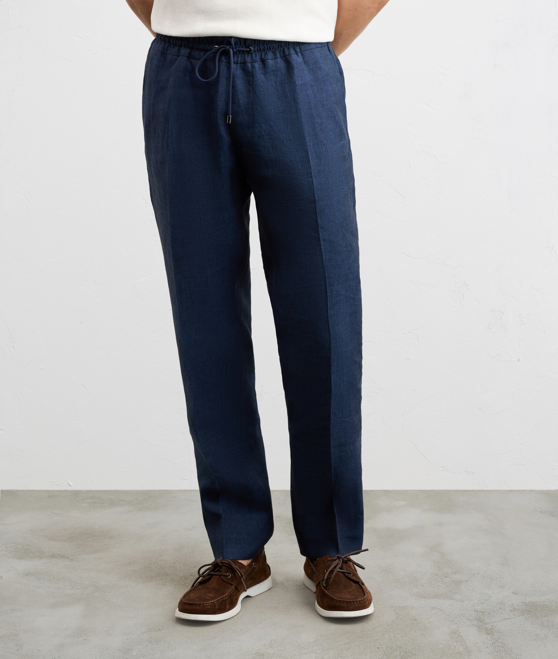 NAVY BLUE FLAMED LINEN DRAWSTRING TROUSERS
