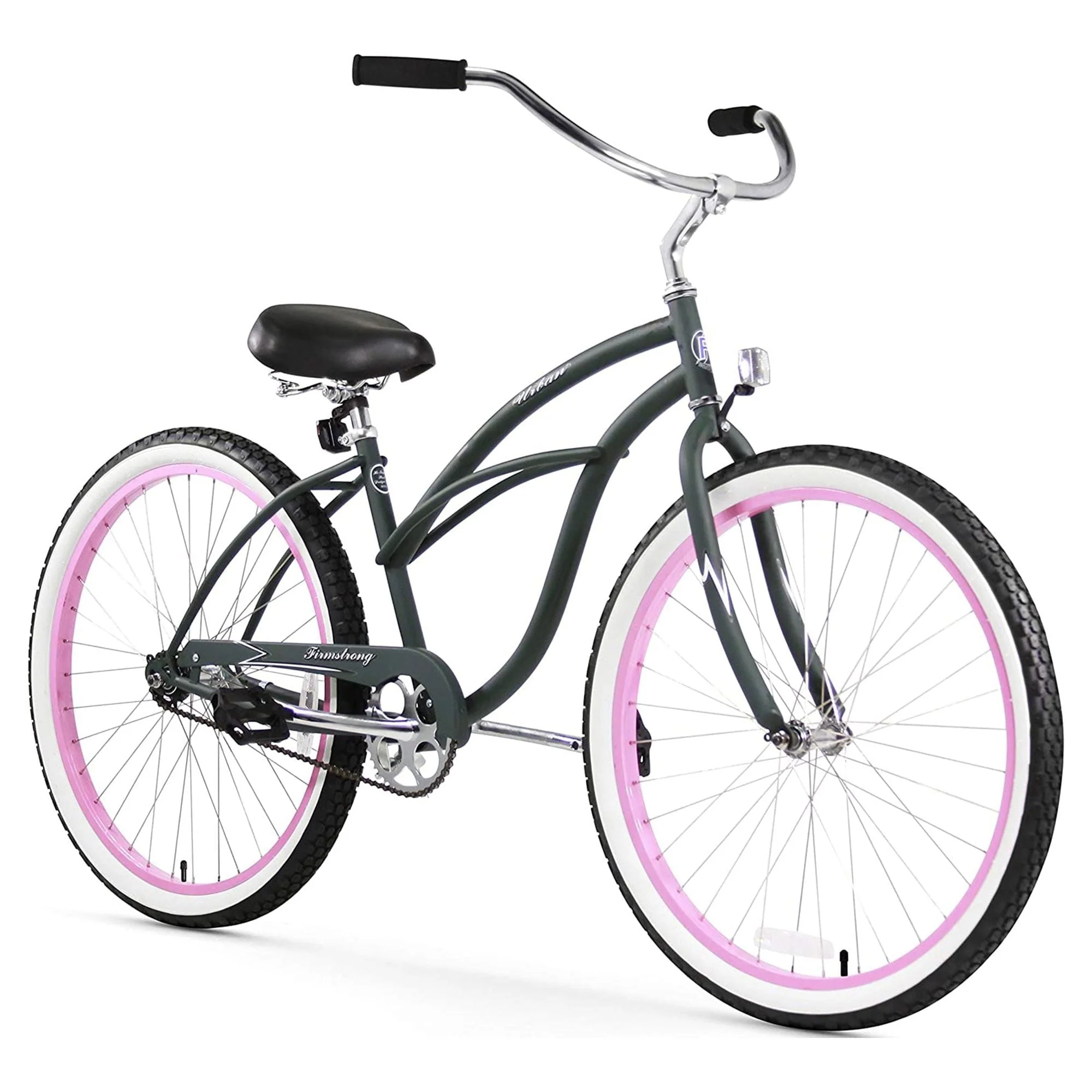 Urban Lady Single Speed 26" Beach Cruiser Womens Bicycle, Army Green w/ Pink Rims