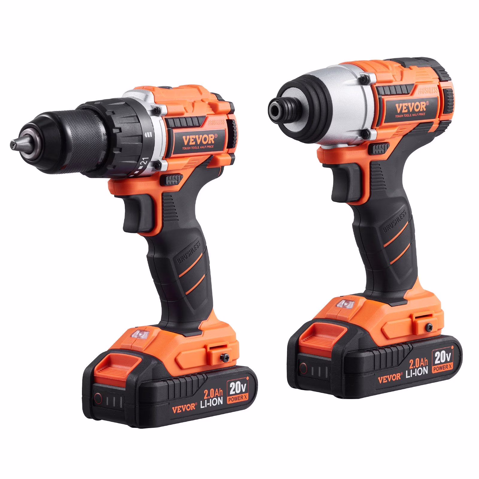 Tool Combo Kit Max 20V Cordless 2-Tool Set with 1/2 in Drill, 1/4 in Impact Driver, Brushless Motor, LED Light, and 2.0Ah Batteries for Professional DIY, Renovation, Repair, and Construction