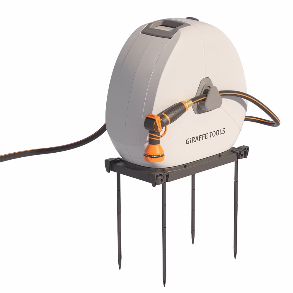 Giraffe Tools Ground Mounted Retractable Garden Hose Reel-1/2in-82ft, Light Grey