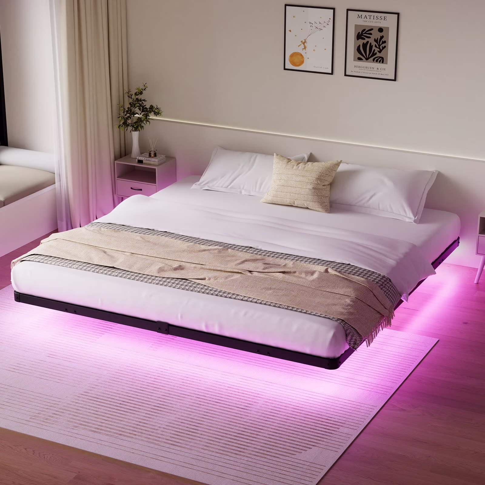 King Size Floating Bed Frame with LED Lights Bed Storage Metal Platform Bed Frames with Steel Slat Support Anti-Slip Easy Assembly, Black(King)