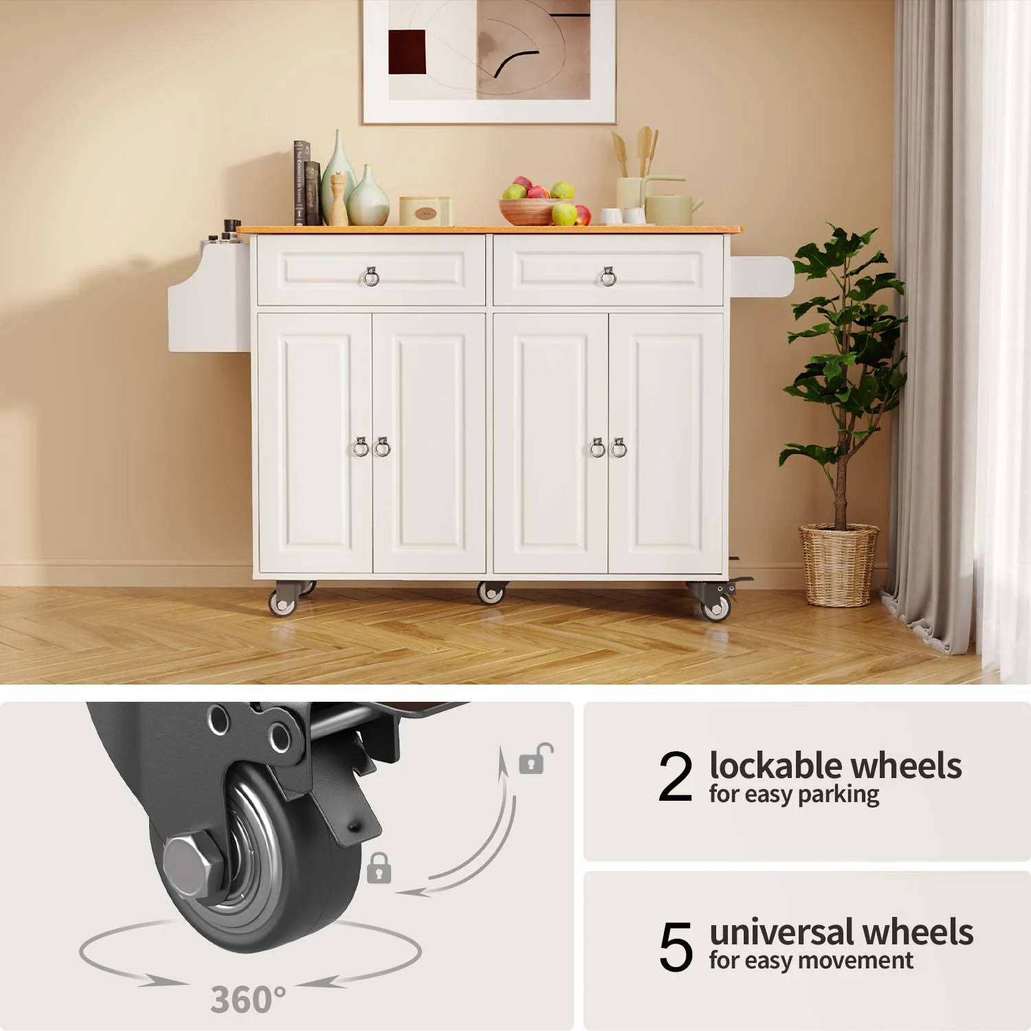 52-Inch Kitchen Island with Storage on Wheels with Wood Drop Leaf, Ideal for Small Kitchens(White) - Image 9
