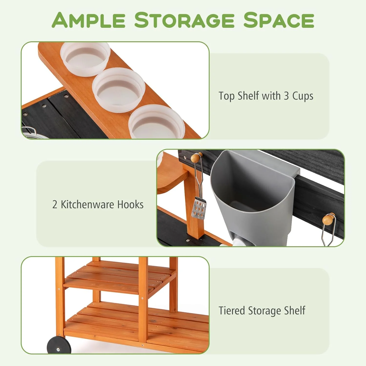 Mud Kitchen, Outdoor Play Kitchen with Wheels 3 Cups Removable Sink Cooking Accessories Wooden Kids Kitchen Playset Backyard Garden Toys Gift for Boys Girls Ages 3+(Outdoor/with Wheels) - Image 9