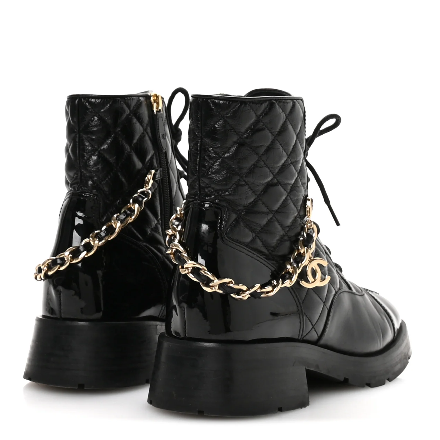 Shiny Calfskin Patent Quilted Chain Lace Up Combat Boots 40.5 Black