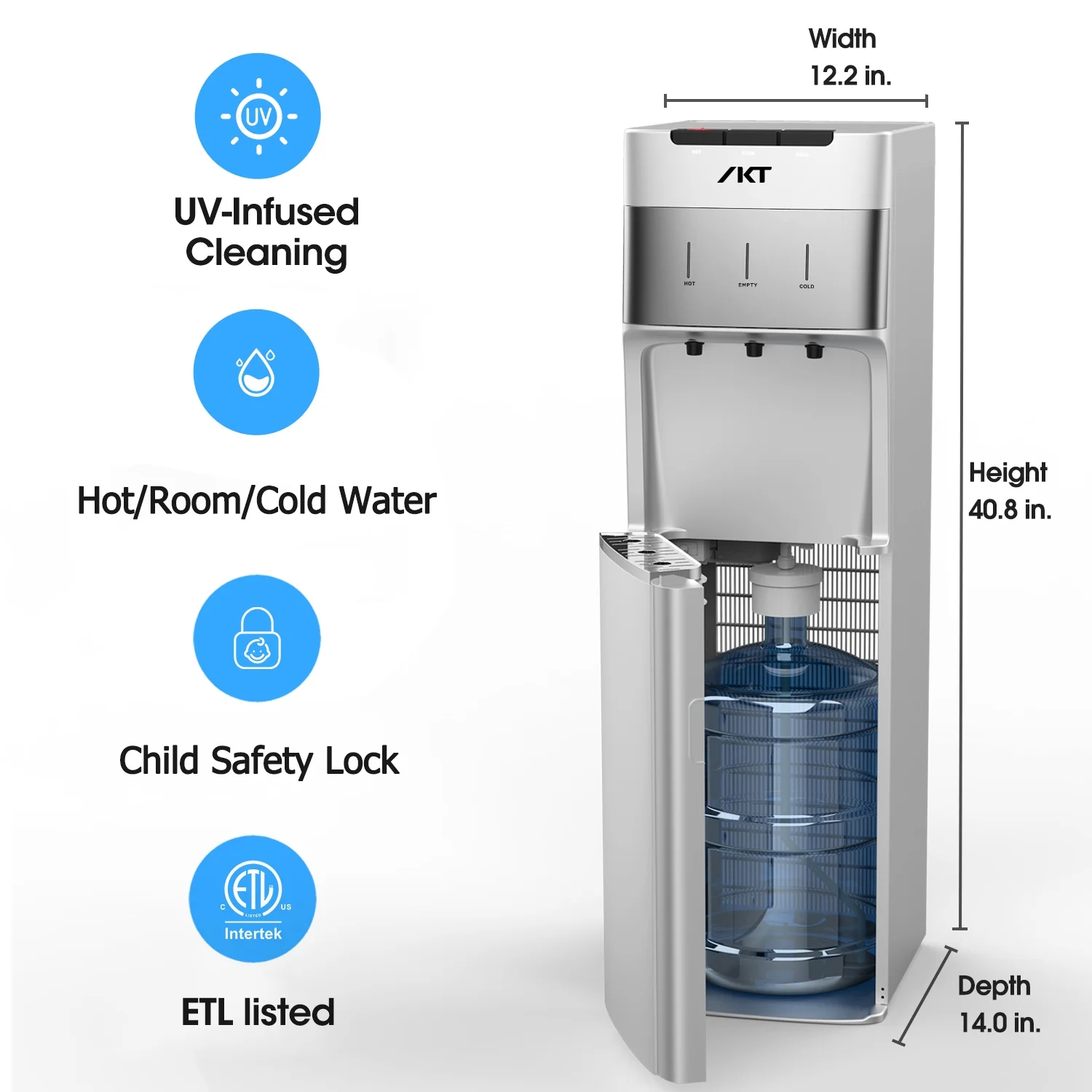 Self Cleaning Bottom Load Water Cooler Dispenser for 3 5 Gallon Bottle with Child Safety Lock Display Light Silver Image 5