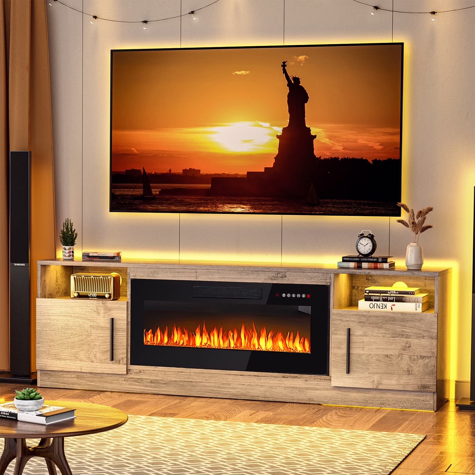 Fireplace TV Stand with 18'' Fireplace for TVs up to 65 inch, Two Adjustable Glass Shelves(58"/White) - Image 5