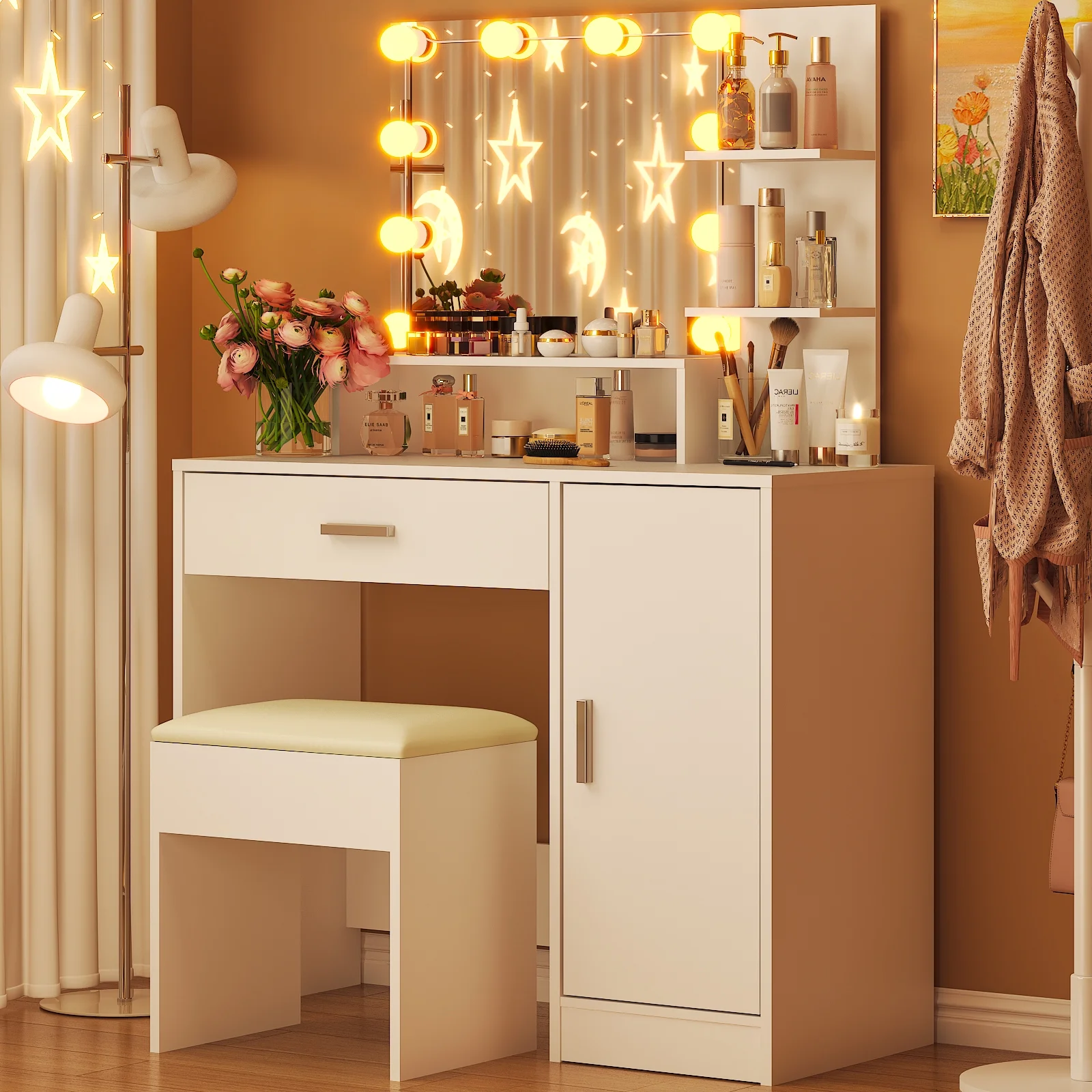 Vanity Set with 3 Color Lighted Mirror, Makeup Table with 3 Storage Shelves Drawers, Dressing Table Makeup Desk with Stool,White(White) - Image 2