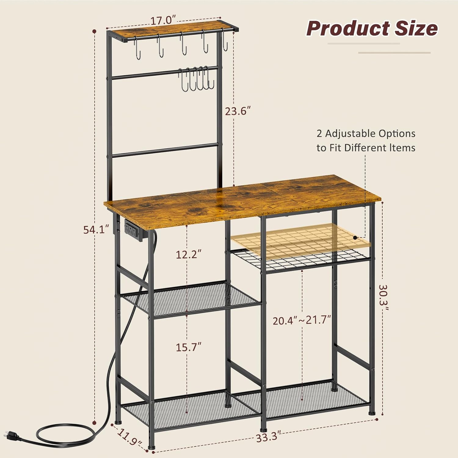 3IngSeagulls Bakers Rack with Power Outlet, Kitchen Microwave Stand with 10 S-shaped Hooks, 6-Tier Coffee Bar Station, Kitchen Storage Shelf Rack for Spices, Pots, Rustic Brown