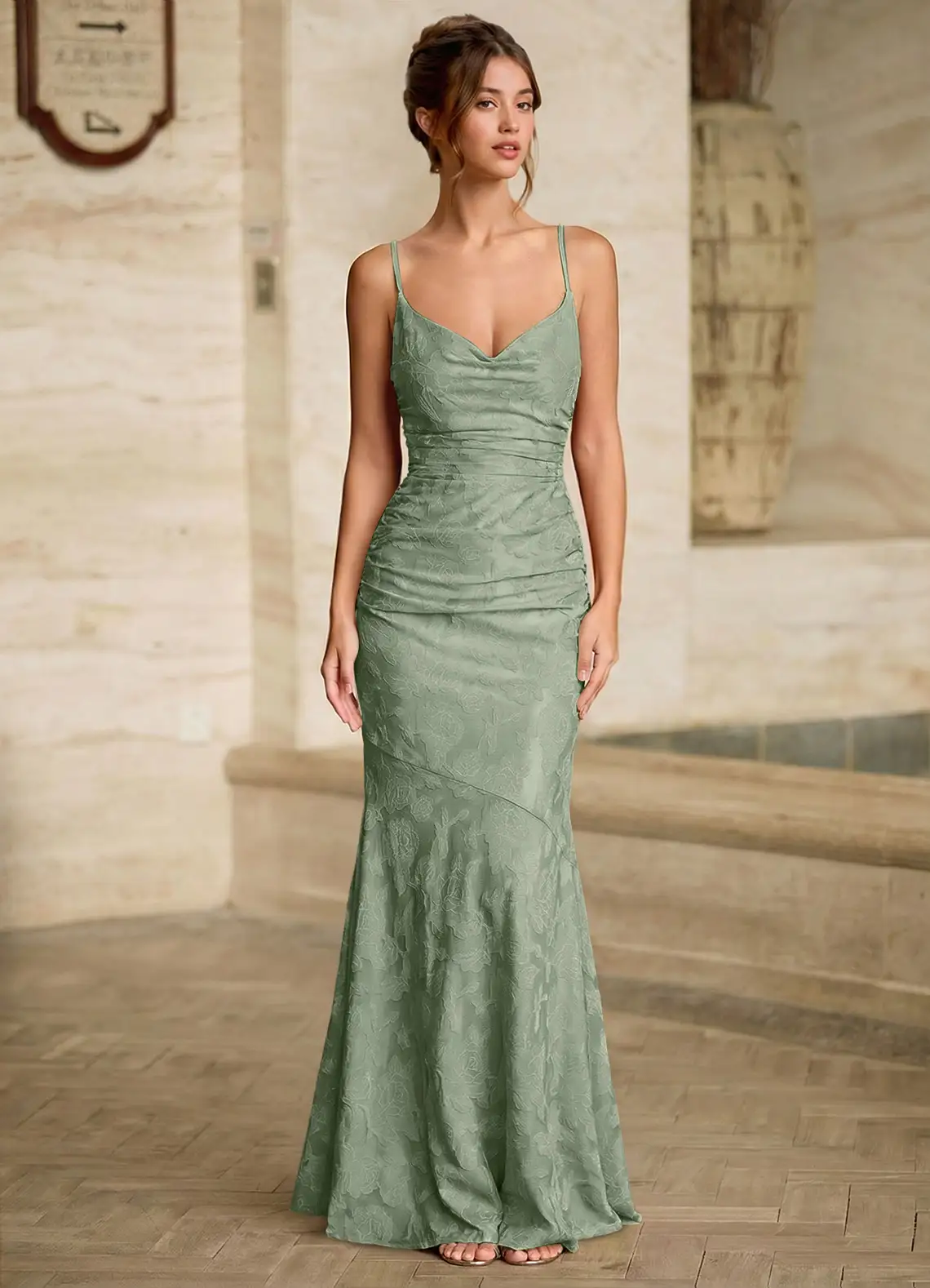 Leahenmo Pistachio Textured Floral Jacquard Prom Dress