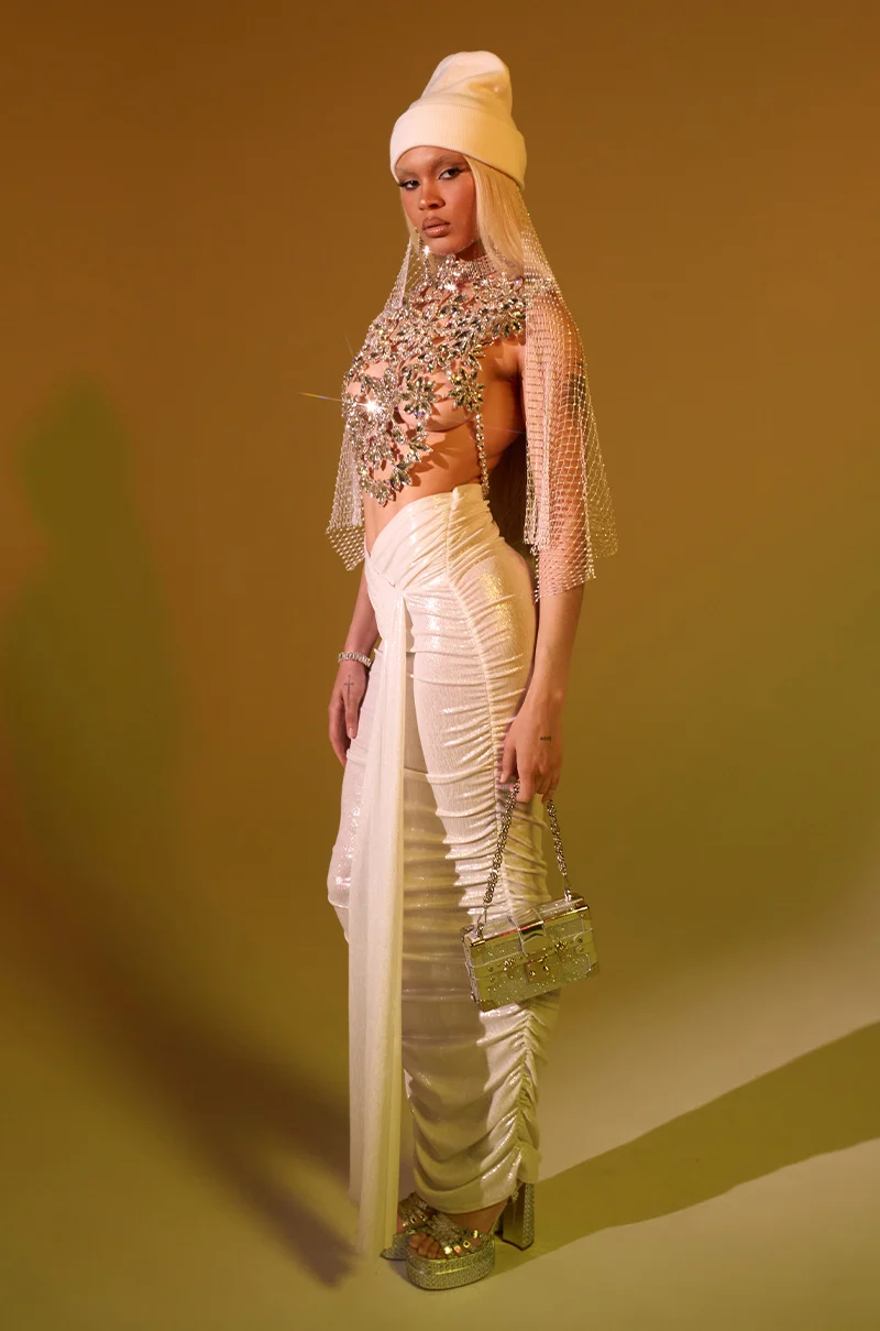ALL OF THE GLAMOUR SLINKY MAXI SKIRT IN WHITE - Akira Store
