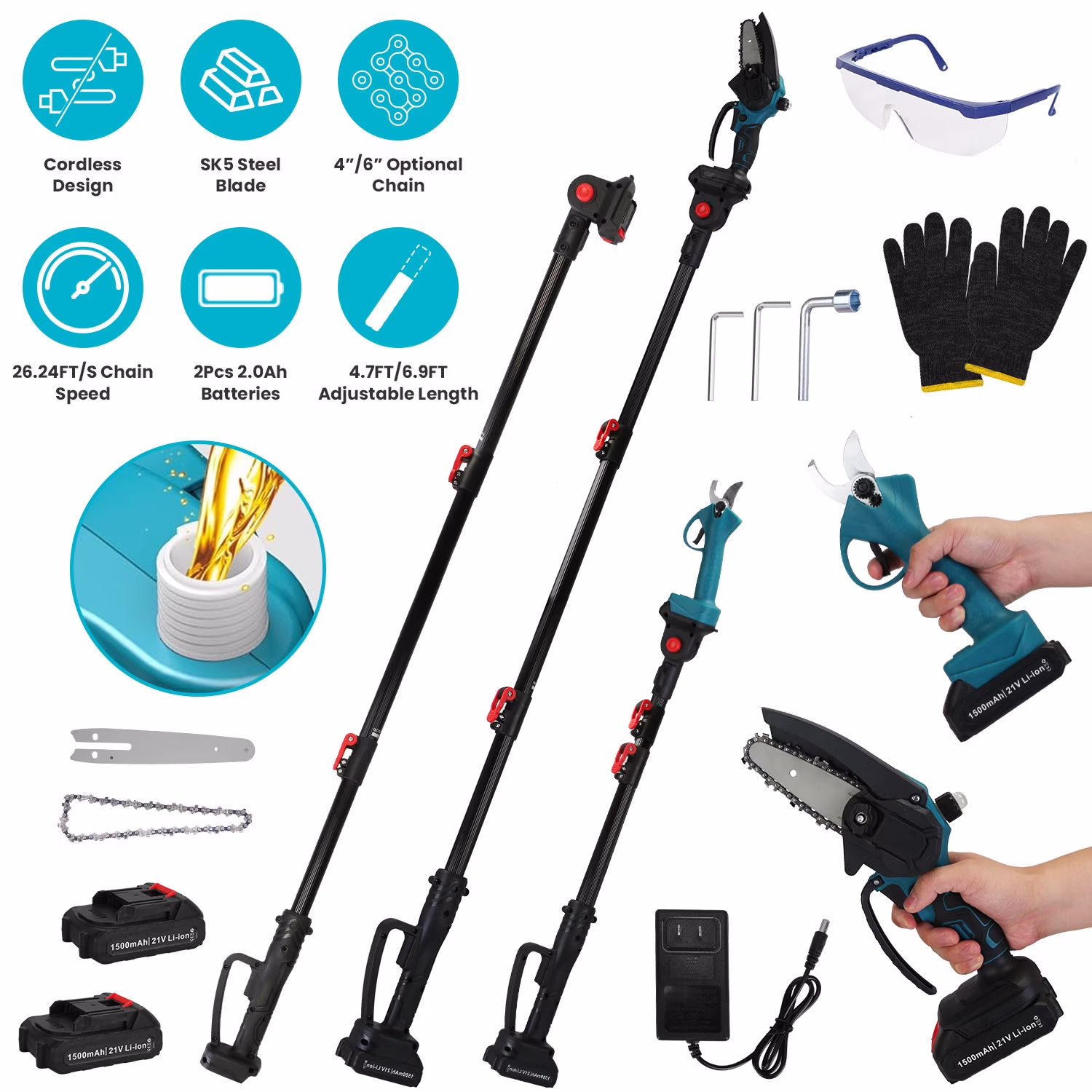 4-in-1 Pole Saw & Electric Pruning Shears for Tree Trimming 4/6 Inch Electric Chainsaw 2x3000mAh Battery 5.5ft Max Extension Pole SK5 Blade Pruning Shears for Gardening