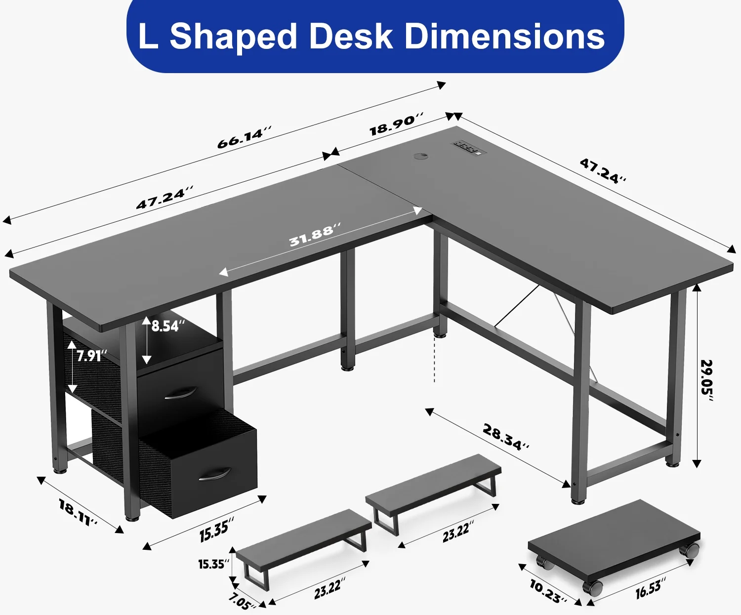 L Shaped Gaming Desk with Power Outlets, Computer Desk with Shelf and Drawers for Home /Office, Black(Black) - Image 5
