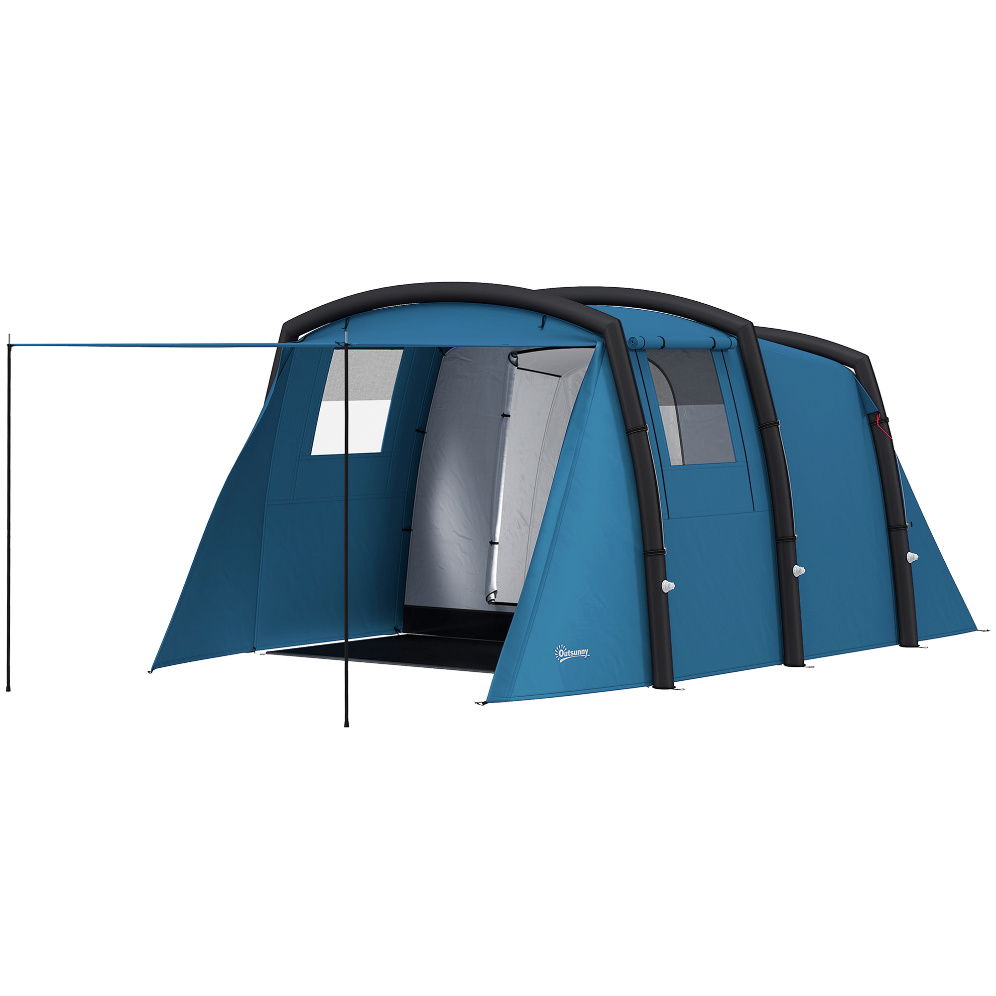 Outsunny Opblaasbare Campingtent 3-6 Personen Outdoor Tunneltent met Zijramen Deur Luchtsteunen 4,4 x 2,8 x 1,95 m Blauw