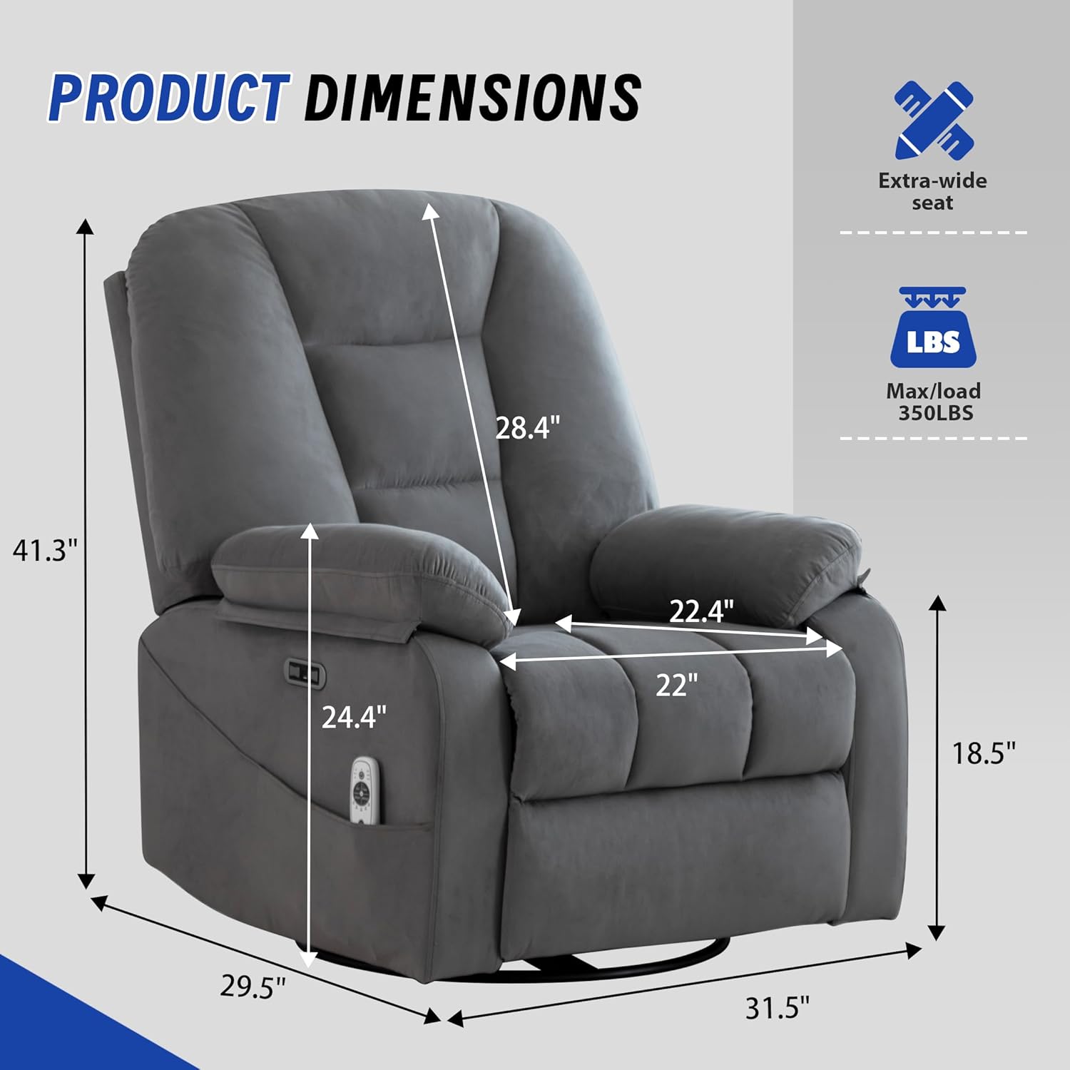 Power Swivel Rocker Recliner Chair for Adults,Rocking Recliners Chairs with Massage and Heat for Living Room, Electric Fabric Reclining Sofa Chair with USB and Type-C Port (Gray)